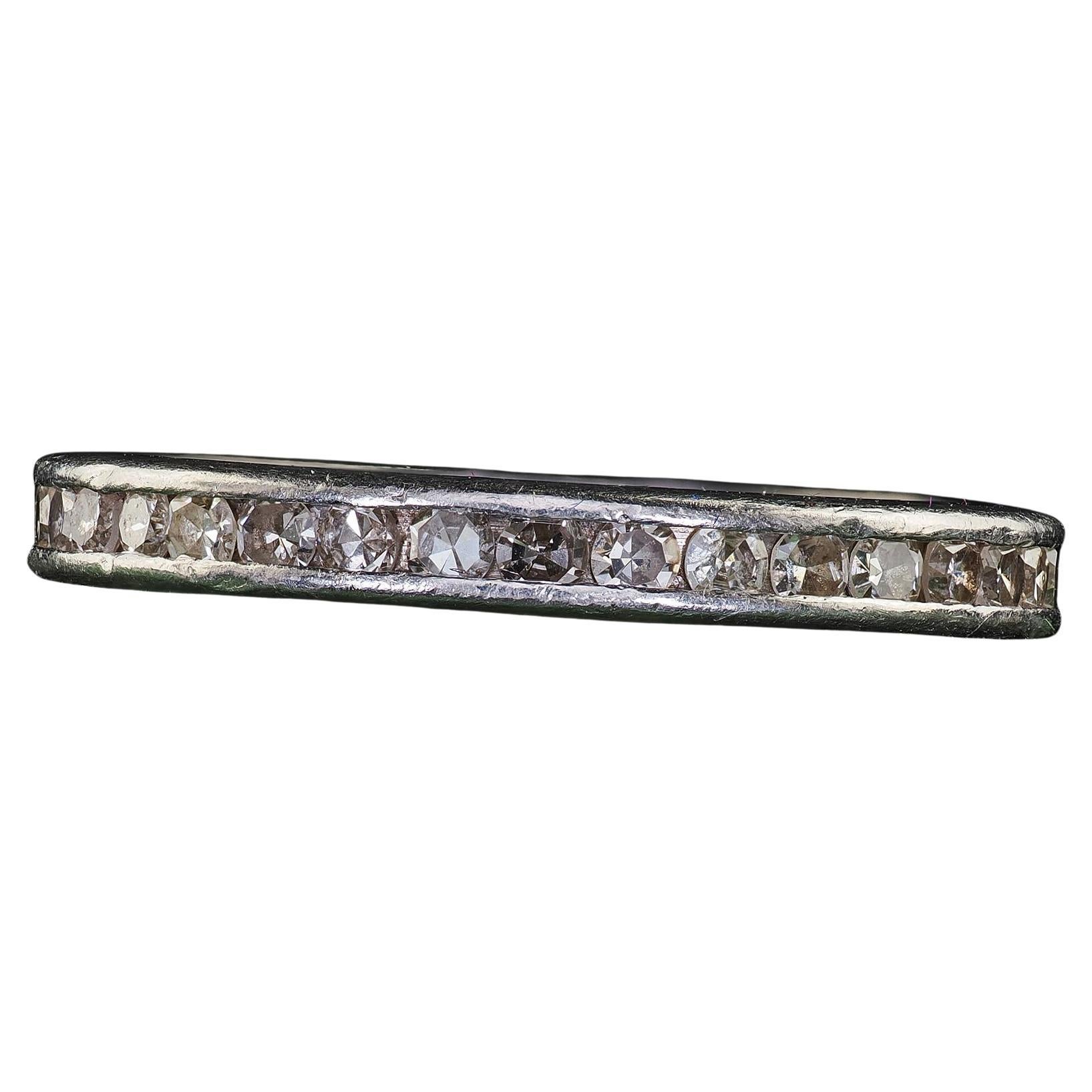 Antique Art Deco Platinum Single Cut Diamond Eternity Band Ring - Size 6 3/4 For Sale