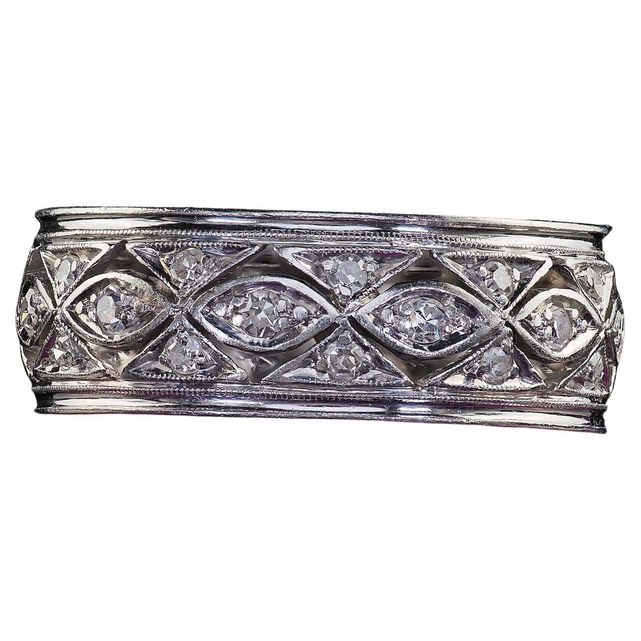 Antique Art Deco Platinum Single Cut Diamond Filigree Wide Eternity Band Ring
