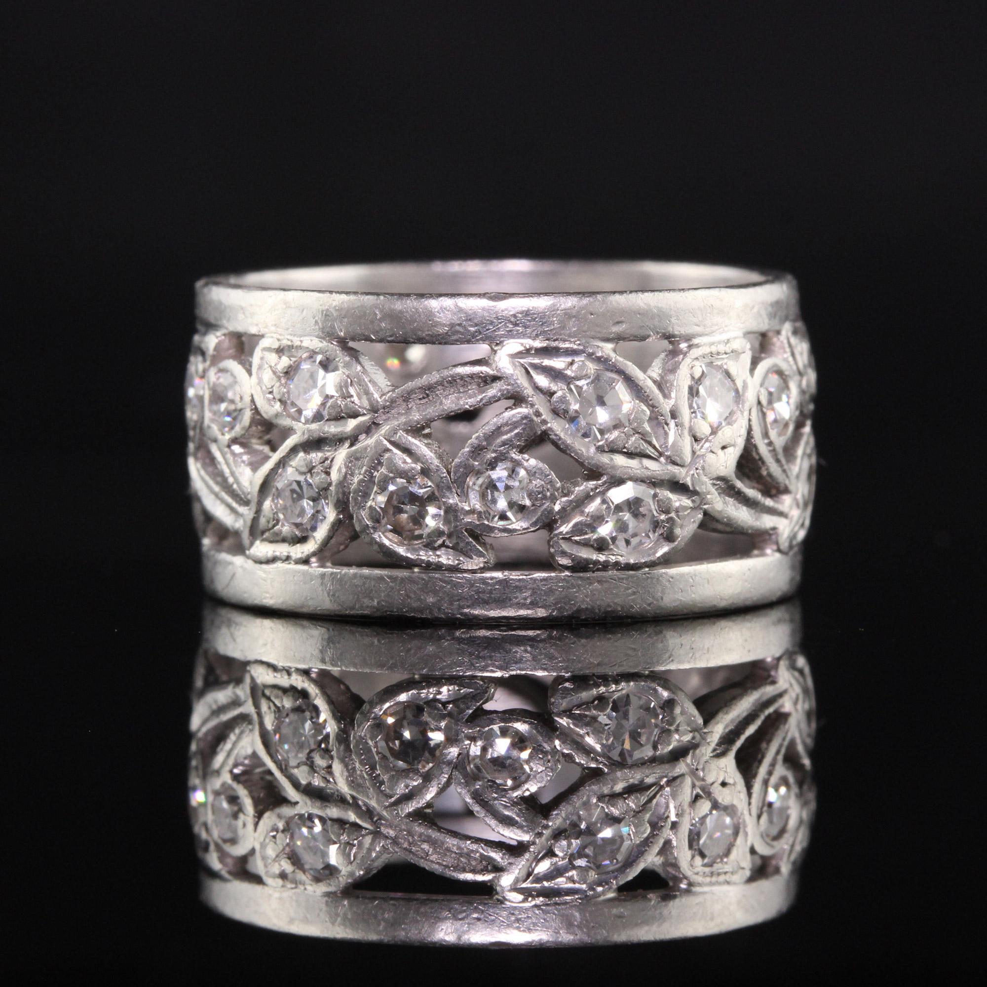 Antique Art Deco Platinum Single Cut Diamond Floral Wide Eternity Band In Good Condition For Sale In Great Neck, NY
