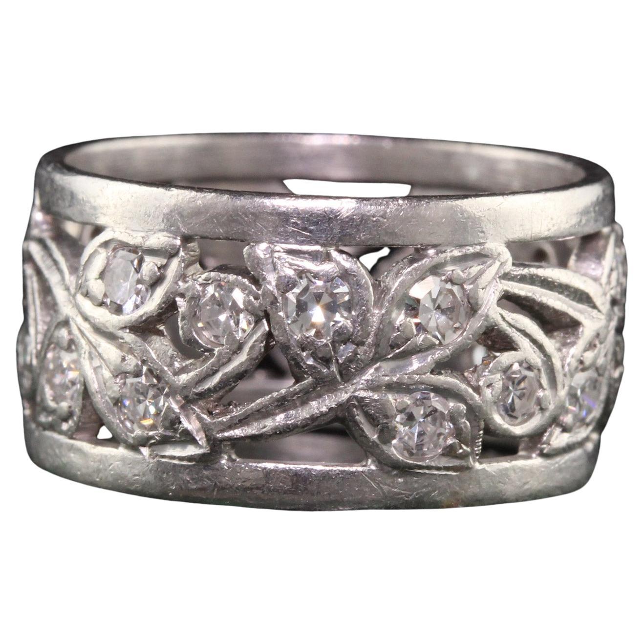 Antique Art Deco Platinum Single Cut Diamond Floral Wide Eternity Band