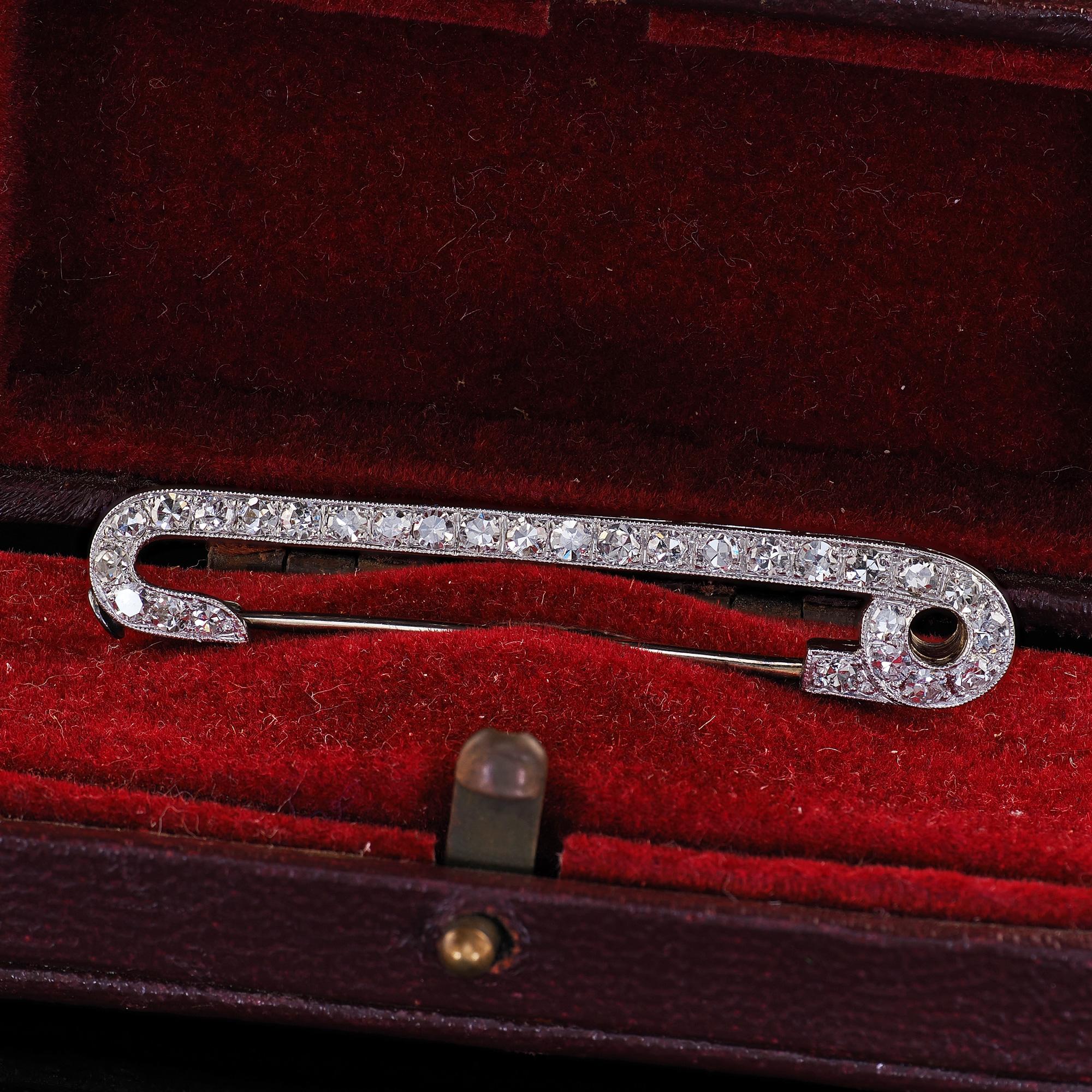 Beautiful Antique Art Deco Platinum Single Cut Diamond Safety Pin Brooch. This beautiful Art Deco single cut diamond safety pin brooch is crafted in platinum and 18k white gold pin closure. The pin features beautiful single cut diamonds set