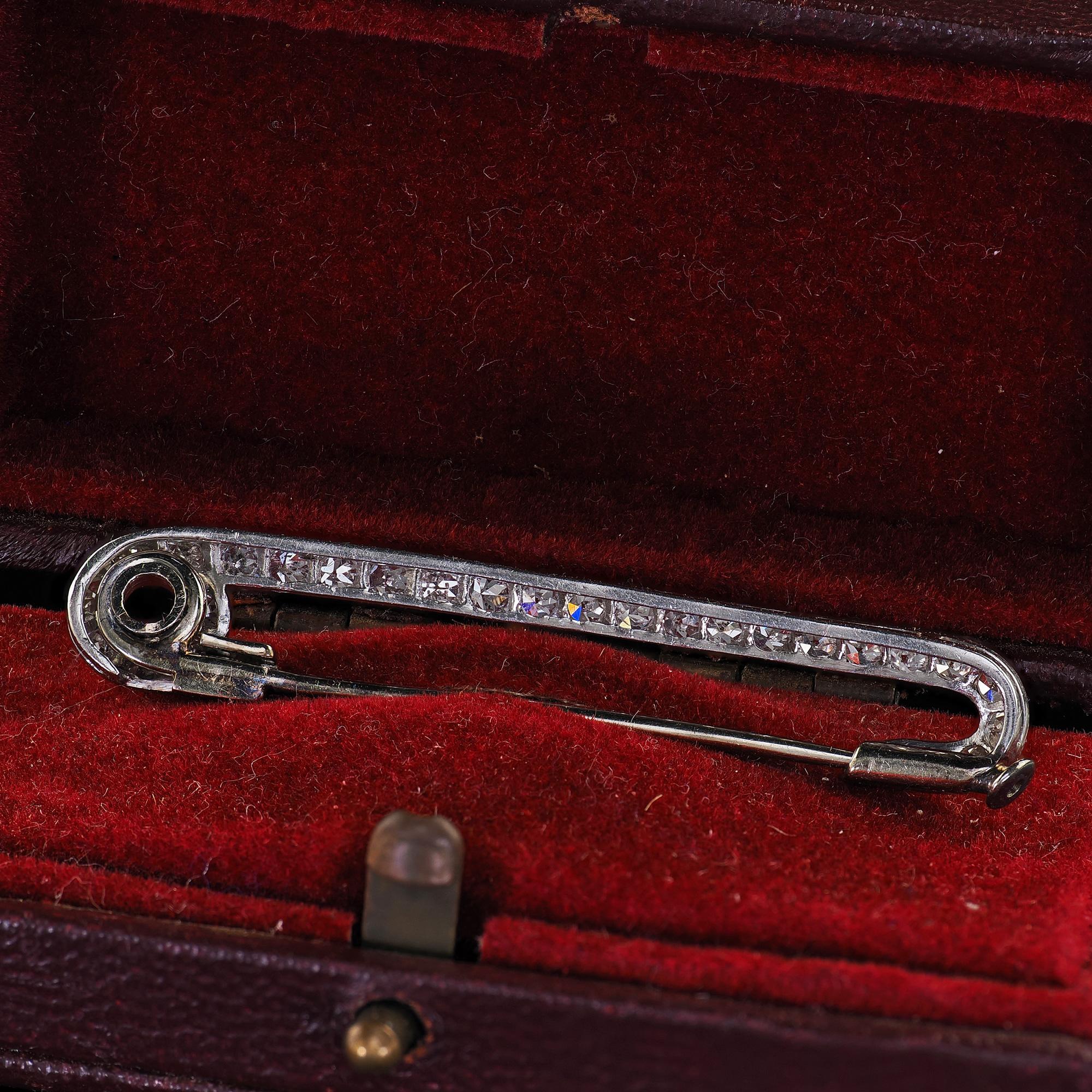 Antique Art Deco Platinum Single Cut Diamond Safety Pin Brooch In Good Condition For Sale In Great Neck, NY