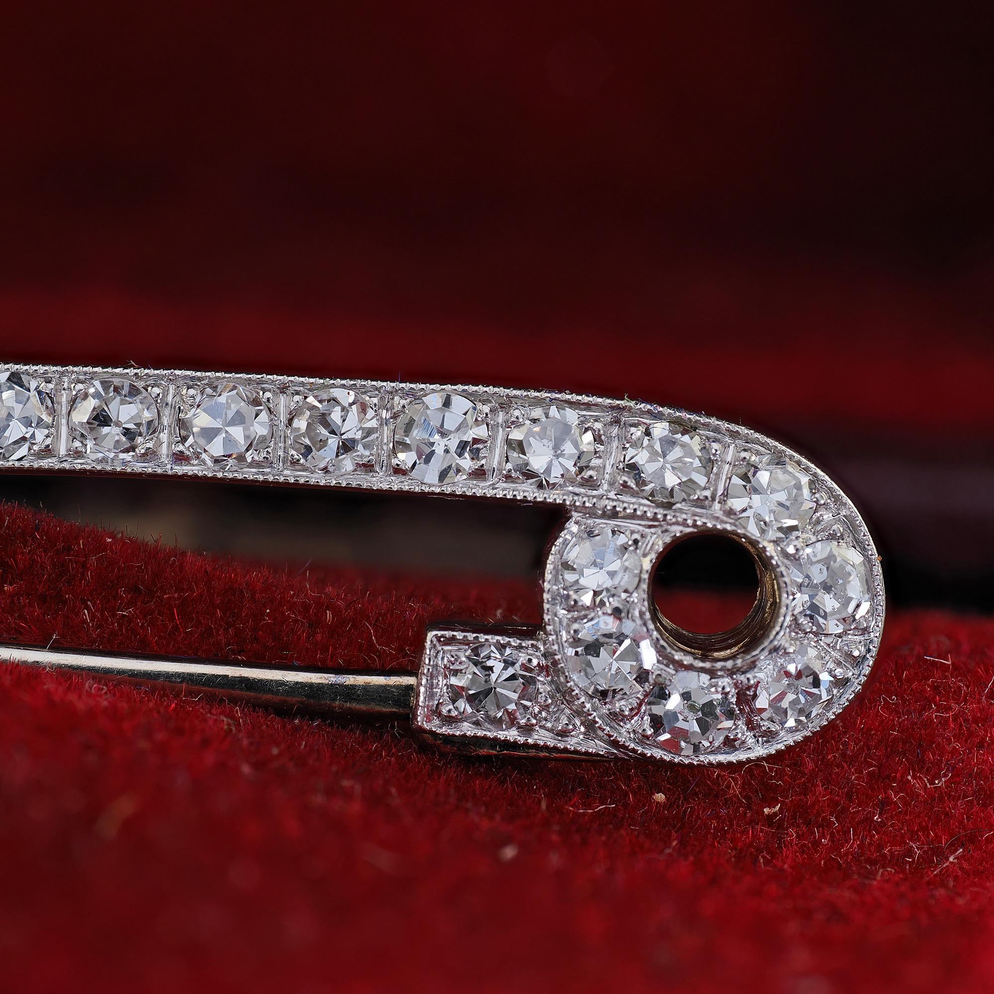 Women's Antique Art Deco Platinum Single Cut Diamond Safety Pin Brooch For Sale