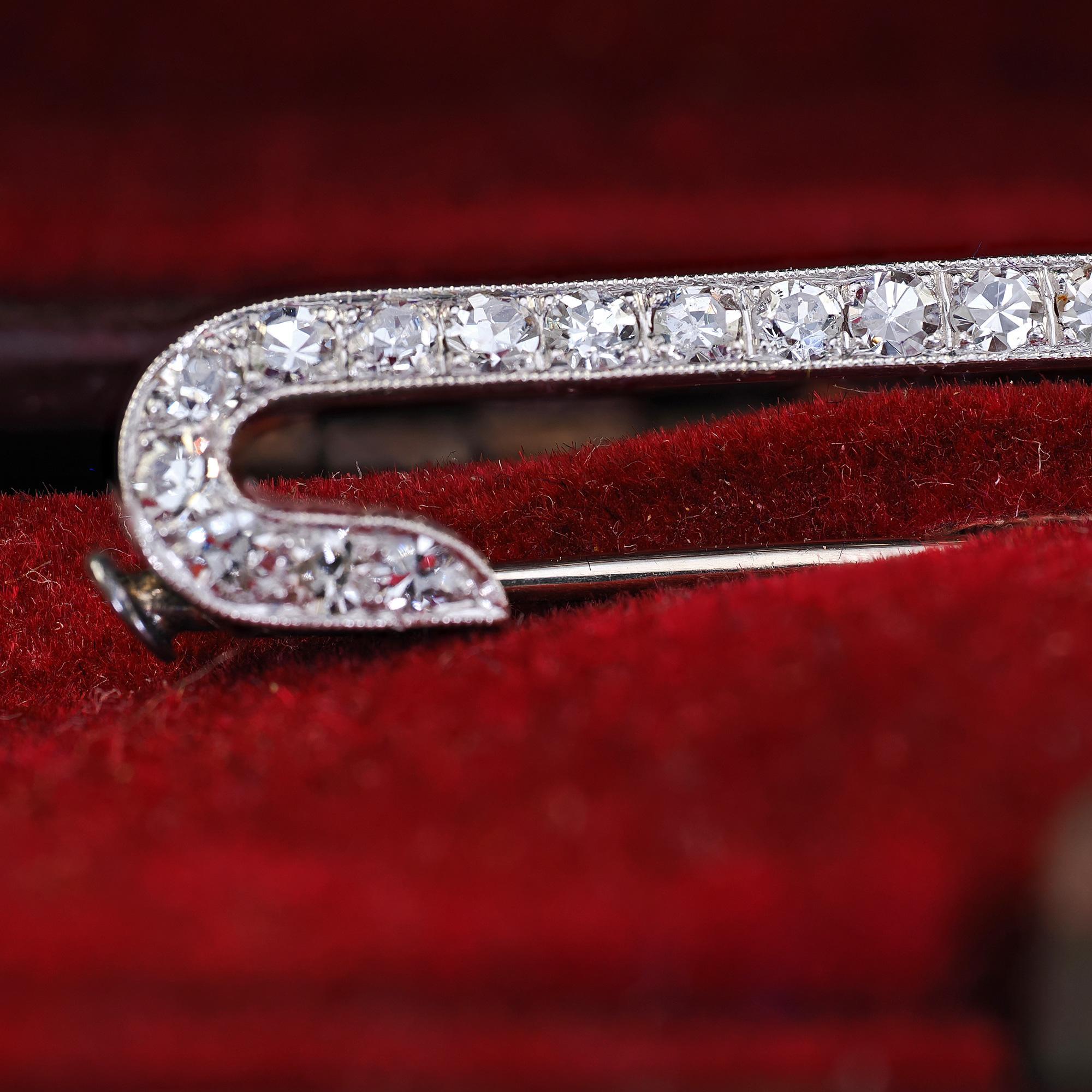 Antique Art Deco Platinum Single Cut Diamond Safety Pin Brooch For Sale 1