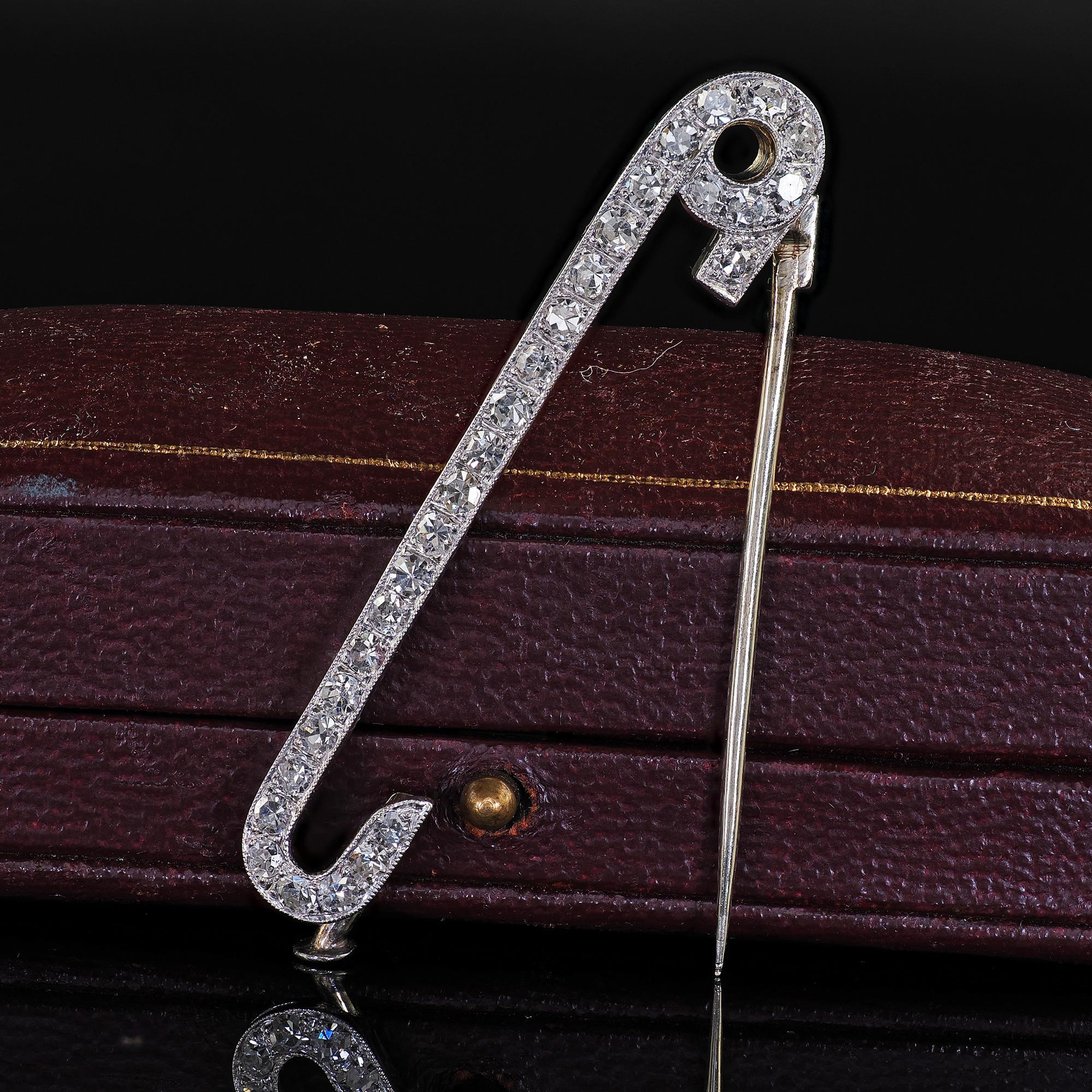 Antique Art Deco Platinum Single Cut Diamond Safety Pin Brooch For Sale 2