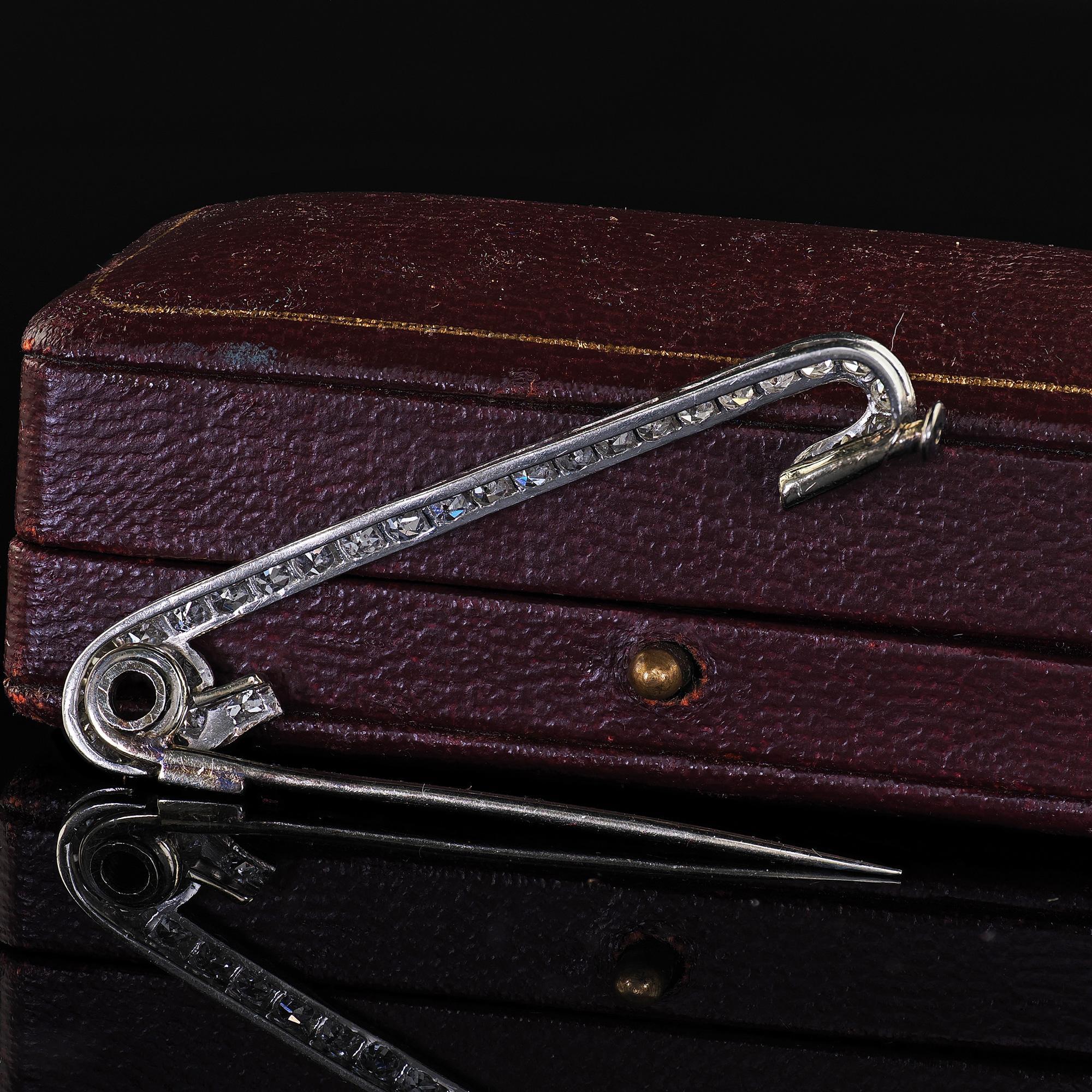 Antique Art Deco Platinum Single Cut Diamond Safety Pin Brooch For Sale 3