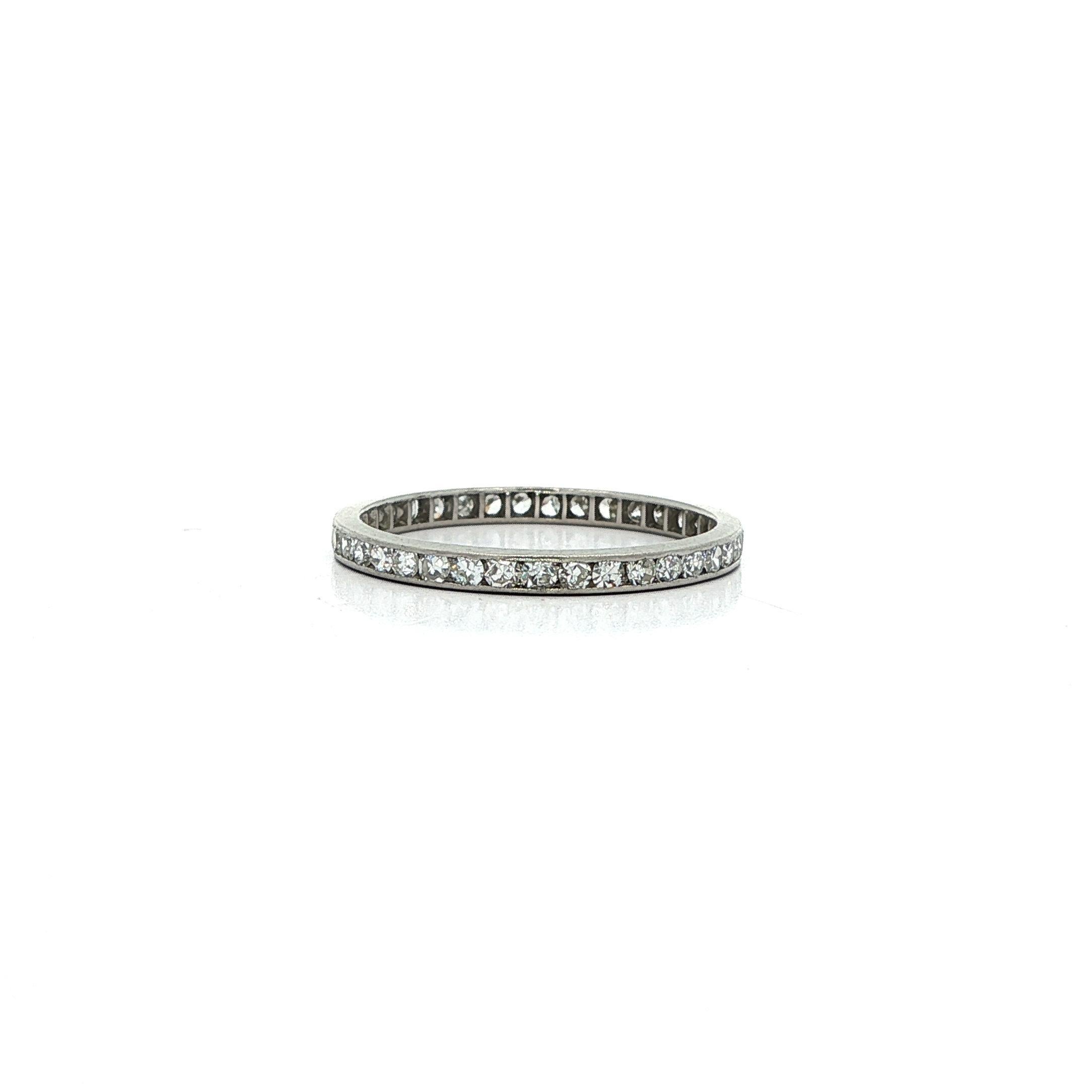 –Stone(s): –
(Numerous) Natural Genuine Diamonds - Old Single Cut - Channel Set - Nice Brilliant White Color

Material: Solid Platinum .850+
Total Weight:  1.34 Grams
Overall Width: 1.84mm (0.07