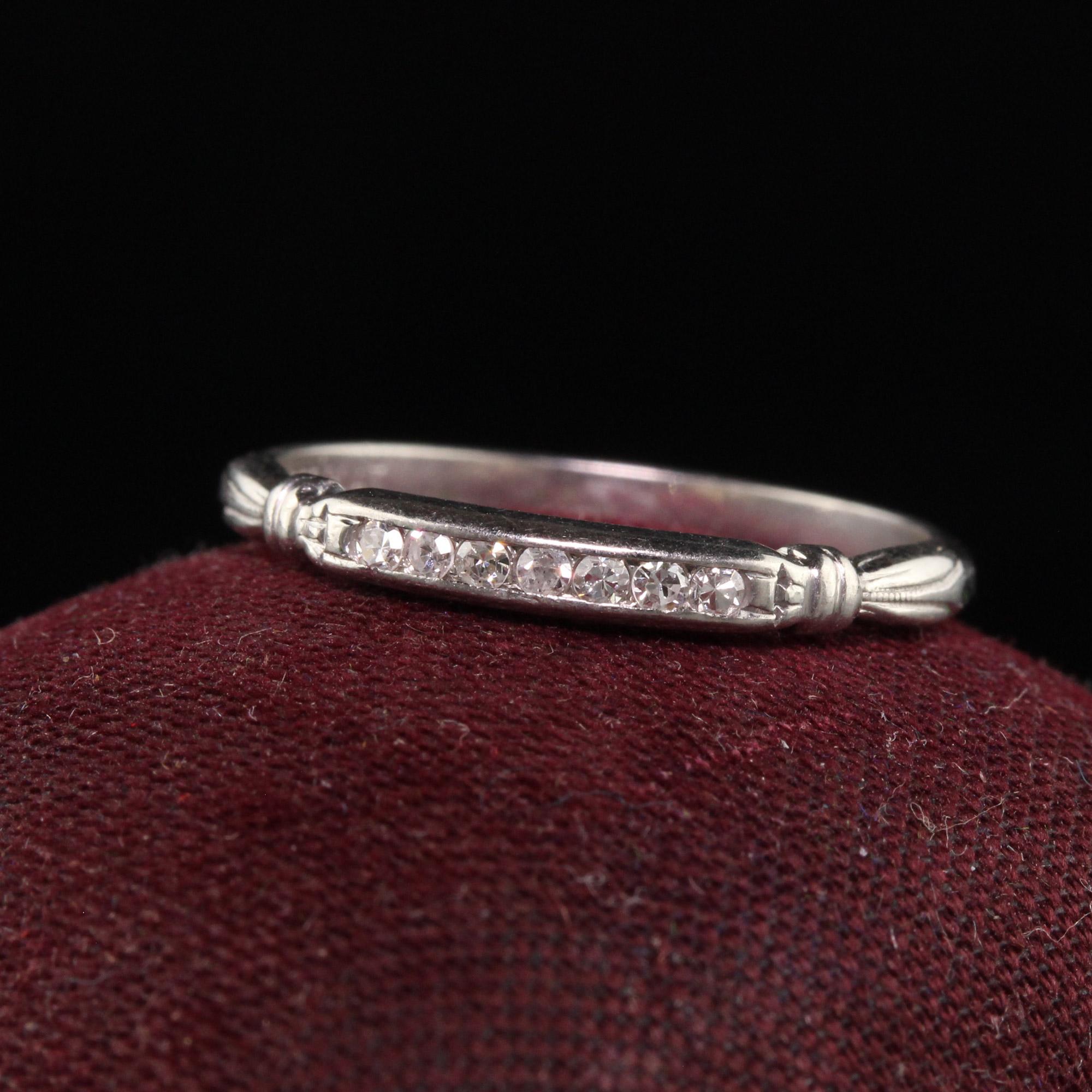 Beautiful Antique Art Deco Platinum Single Cut Diamond Wedding Band. This beautiful band is crafted in platinum. There are single cut diamonds on the top half of the ring in a beautiful art deco mounting.

Item #R1368

Metal: Platinum

Weight: 2.4