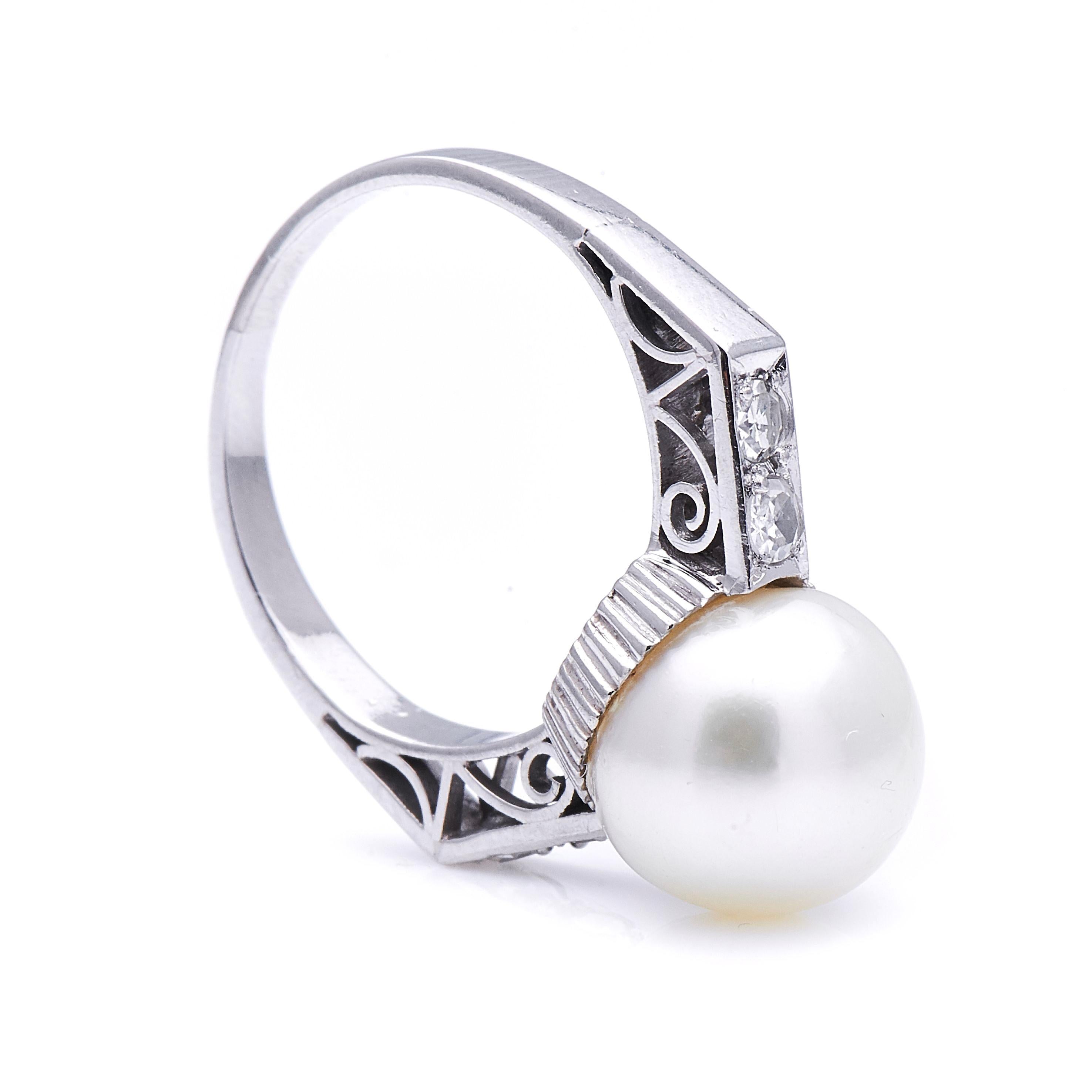 Women's Antique, Art Deco, Platinum, South Sea Pearl and Diamond Cluster Ring