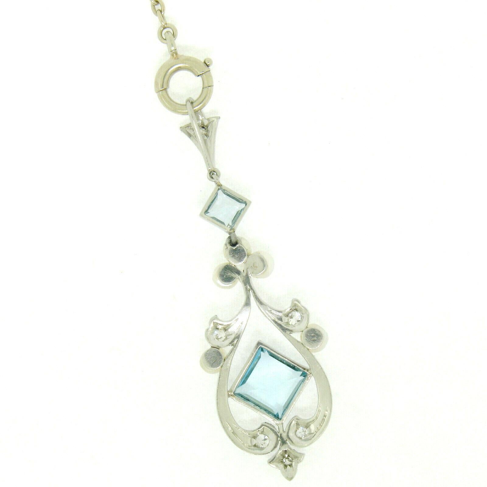 Antique Art Deco Platinum Square Aquamarine Diamond Pearl Long Necklace 7