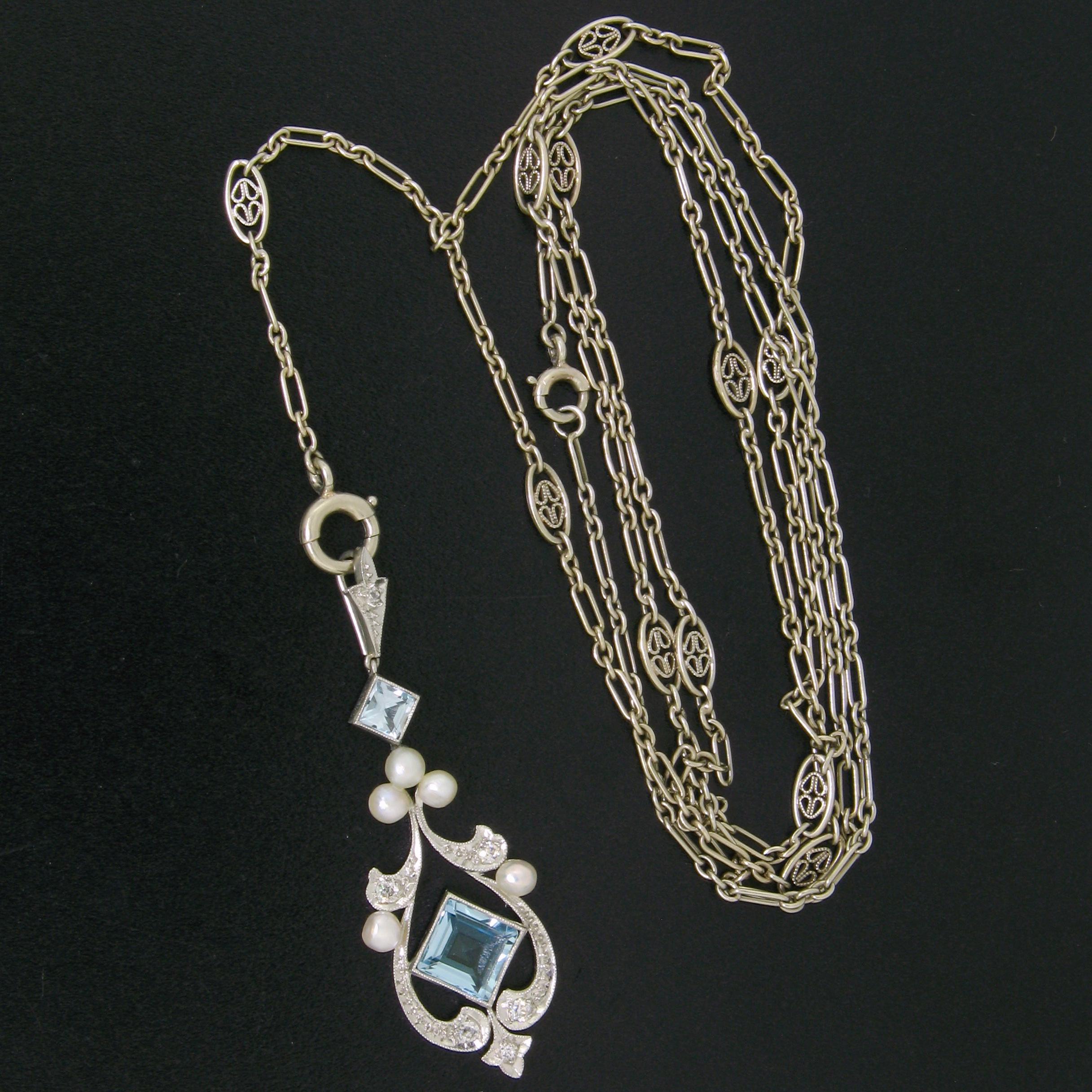 Here we have a very rare antique necklace and pendant crafted during the art deco period. The chain is crafted in solid 14k white gold and the pendant is crafted in solid .900 platinum. The 27.5 inch chain features a very simple and gorgeous design