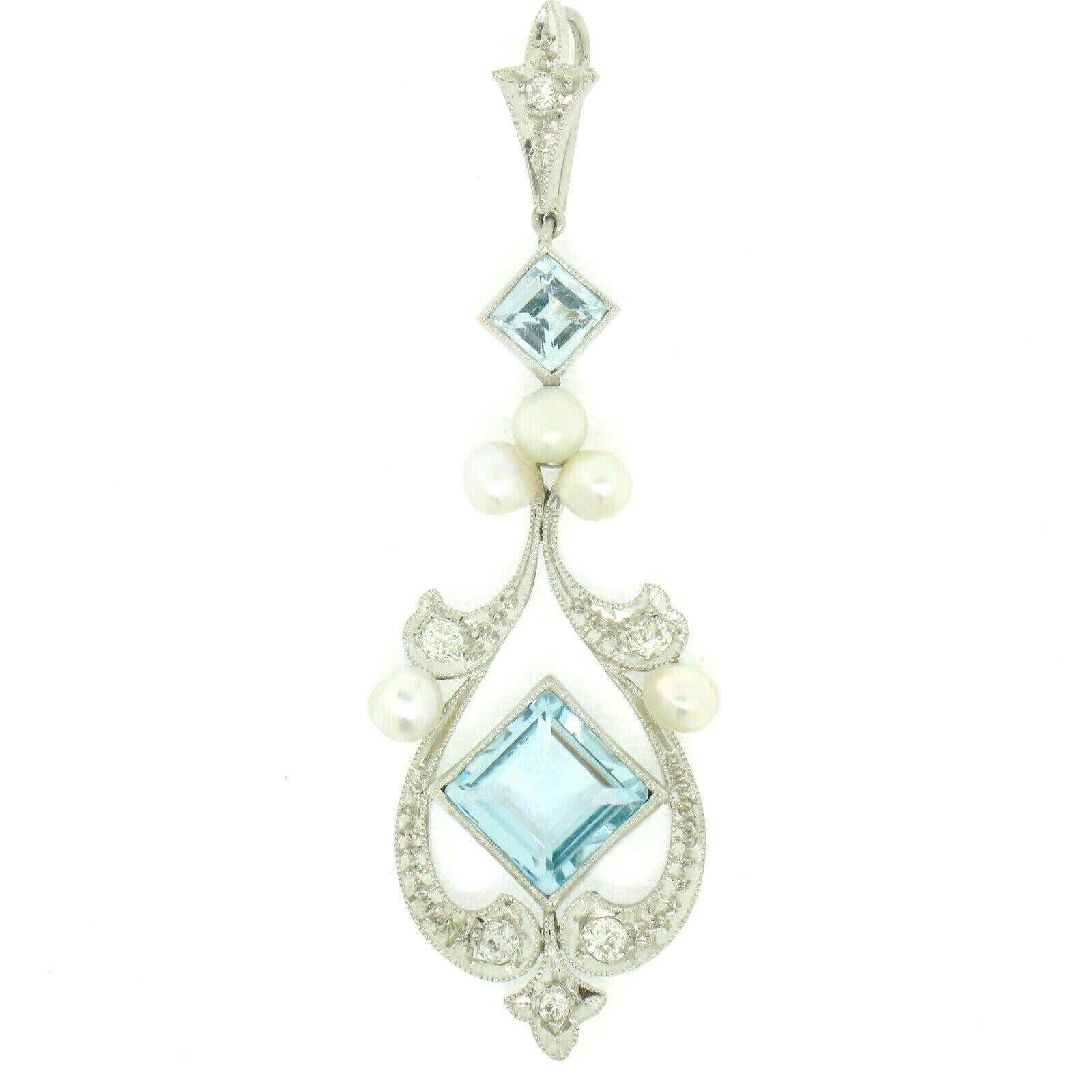 Square Cut Antique Art Deco Platinum Square Aquamarine Diamond Pearl Long Necklace