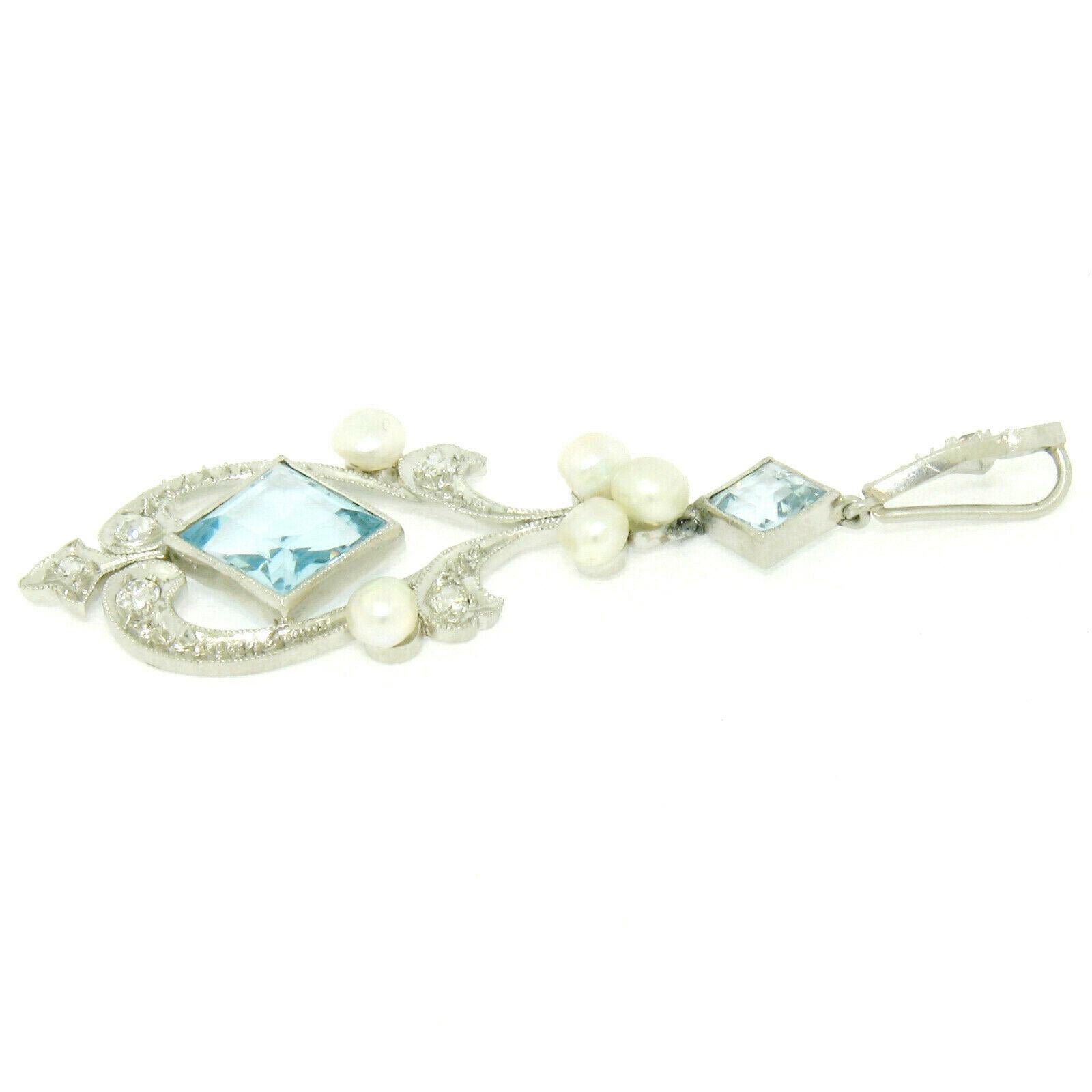 Antique Art Deco Platinum Square Aquamarine Diamond Pearl Long Necklace In Good Condition In Montclair, NJ