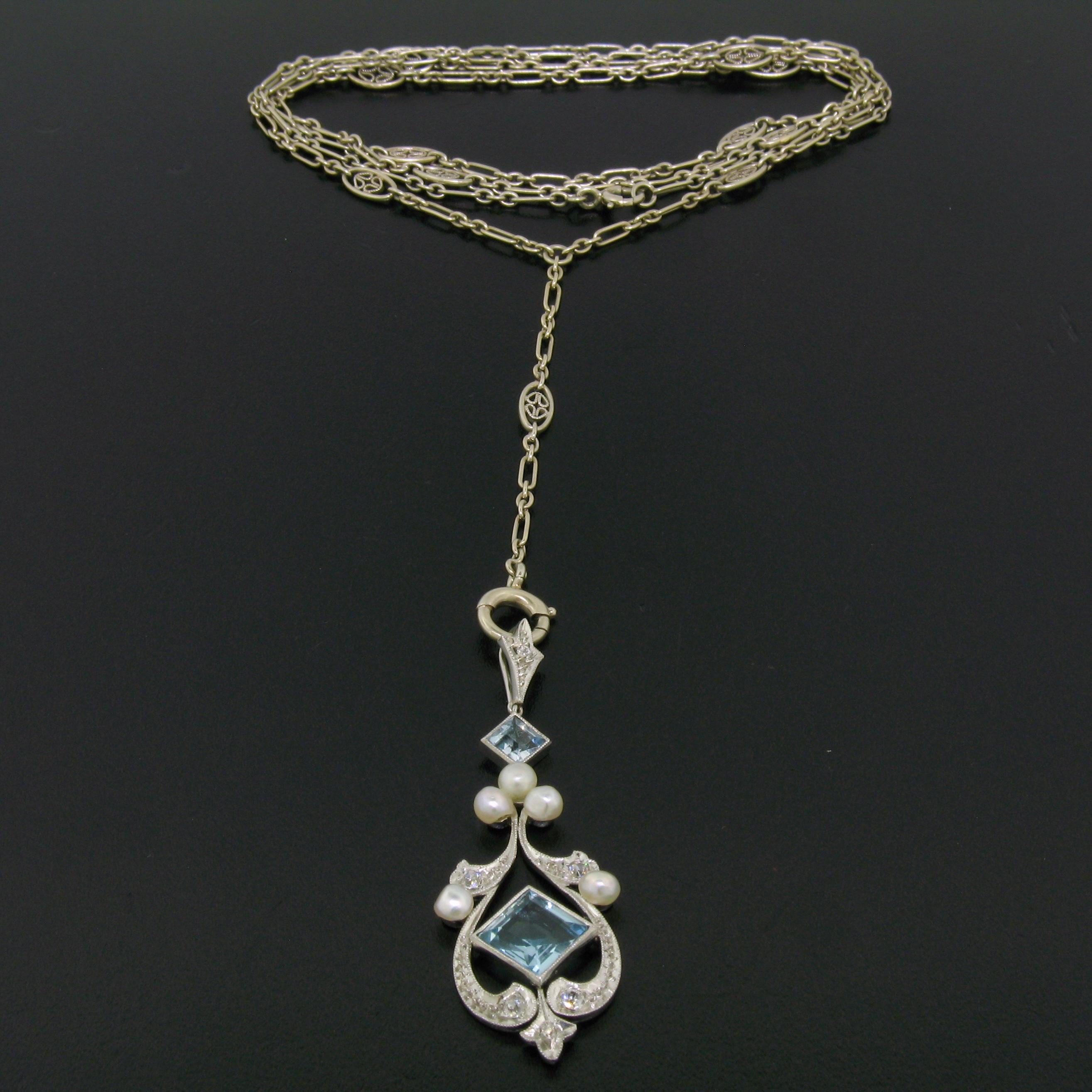 Women's Antique Art Deco Platinum Square Aquamarine Diamond Pearl Long Necklace