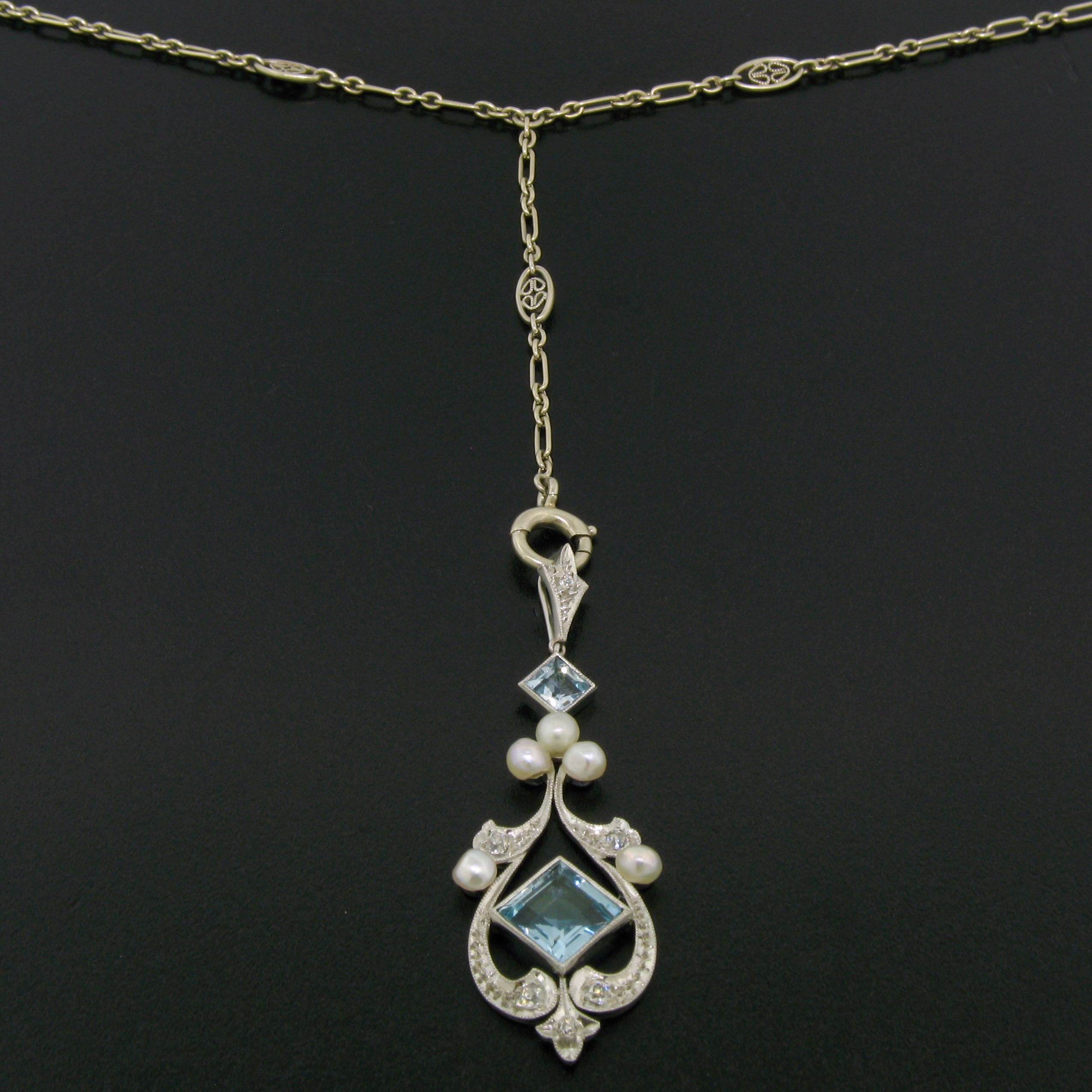 Antique Art Deco Platinum Square Aquamarine Diamond Pearl Long Necklace 1