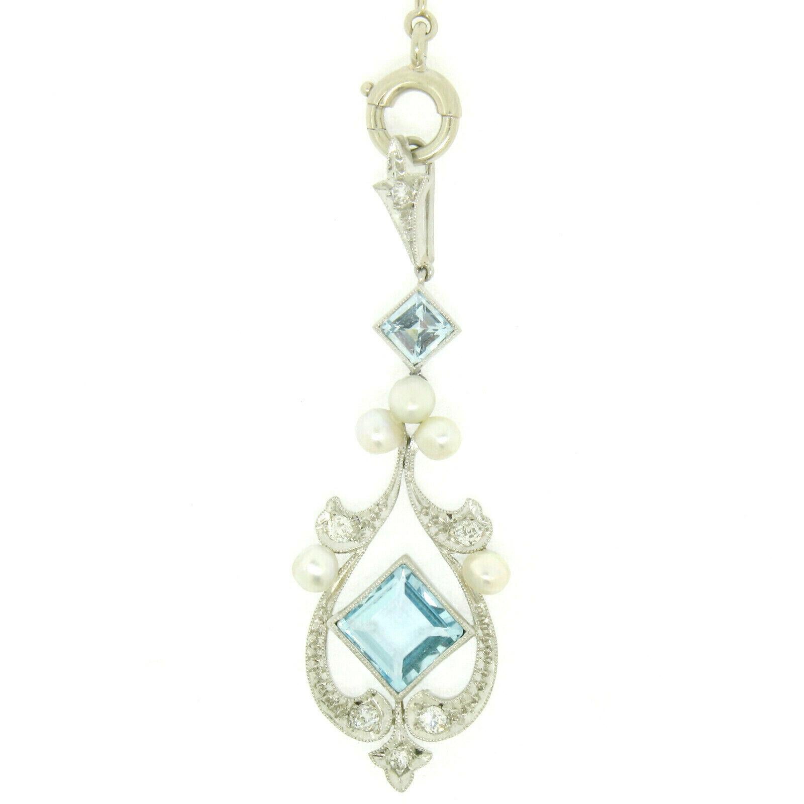 Antique Art Deco Platinum Square Aquamarine Diamond Pearl Long Necklace 2