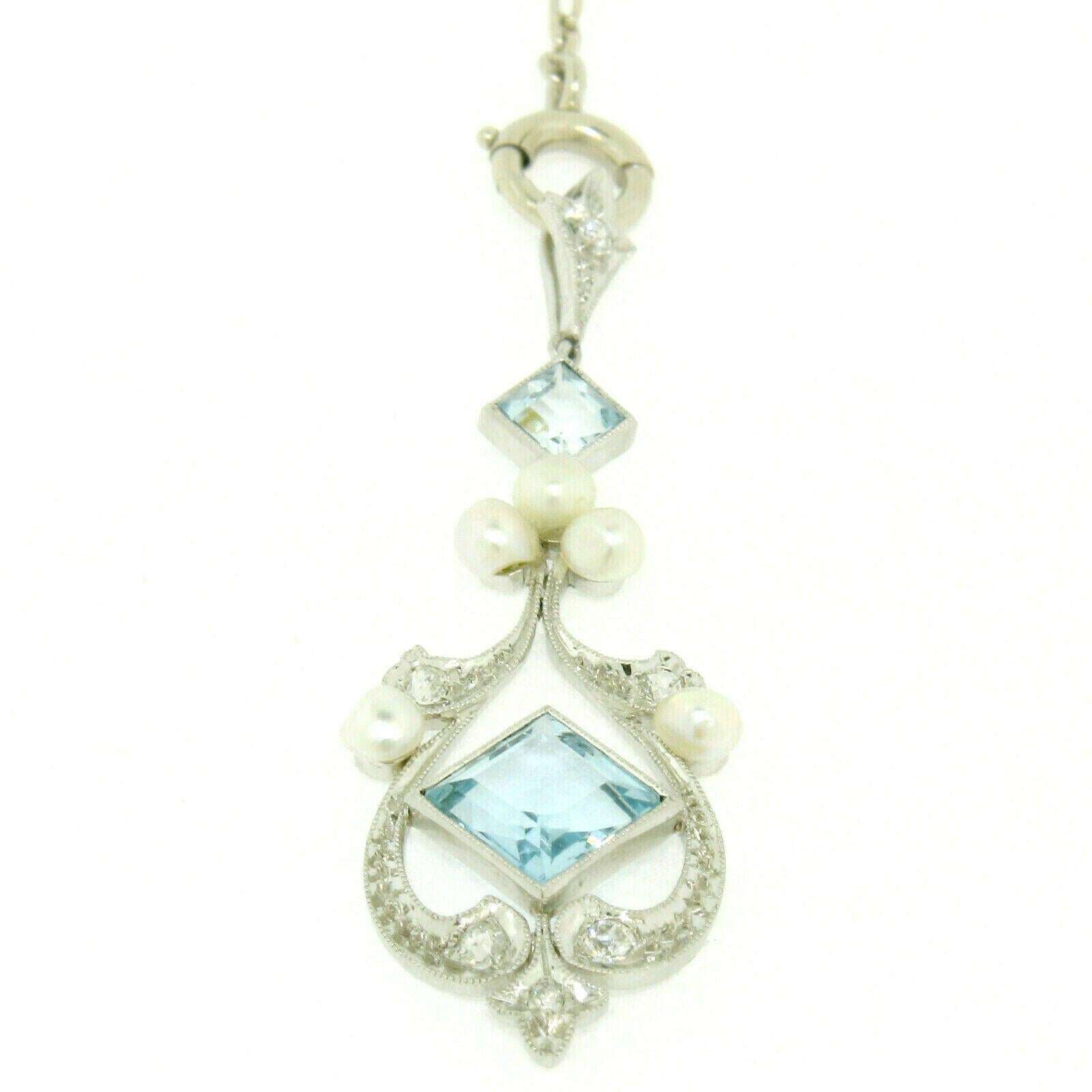 Antique Art Deco Platinum Square Aquamarine Diamond Pearl Long Necklace 3
