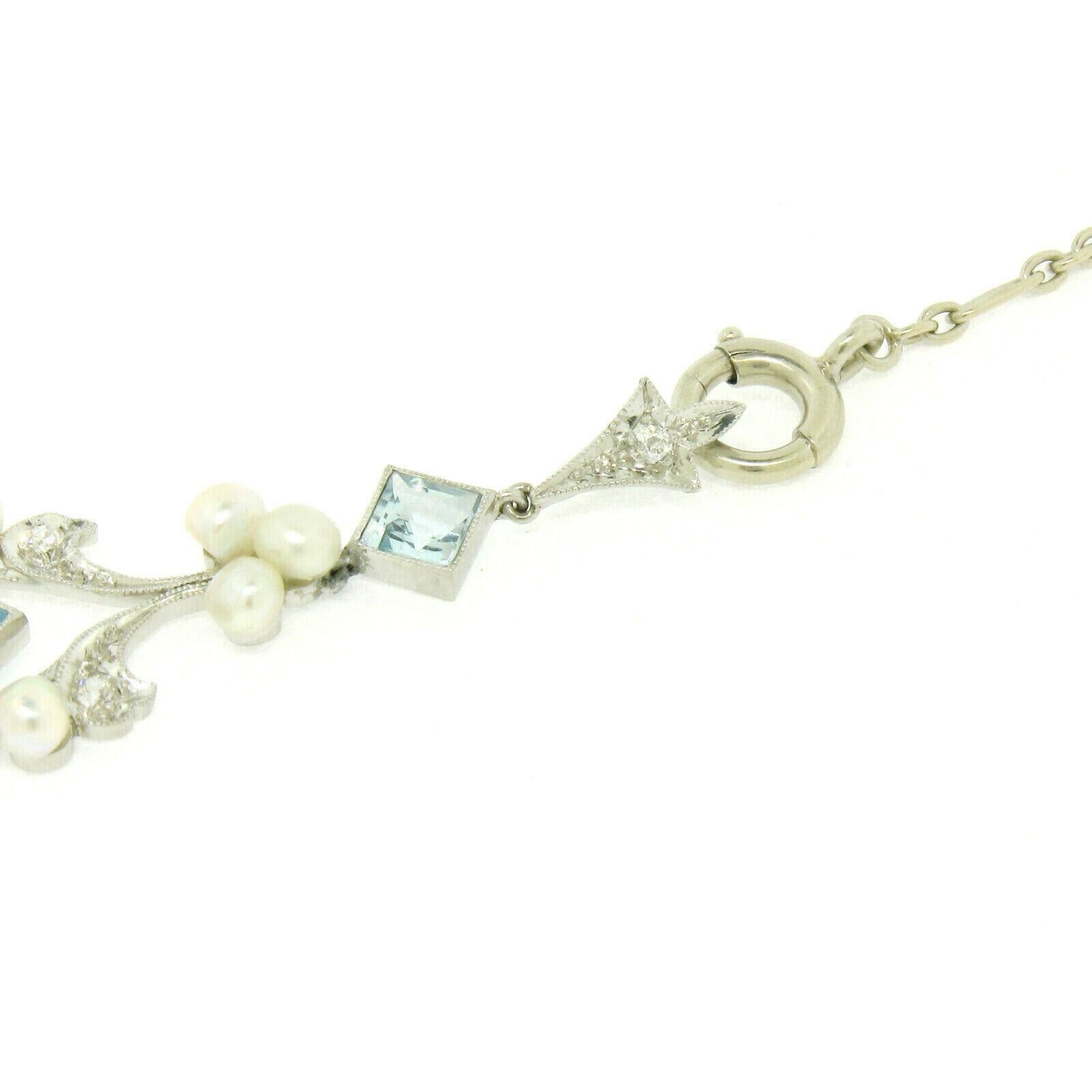 Antique Art Deco Platinum Square Aquamarine Diamond Pearl Long Necklace 4
