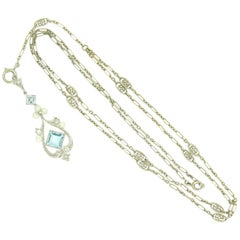 Antique Art Deco Platinum Square Aquamarine Diamond Pearl Long Necklace