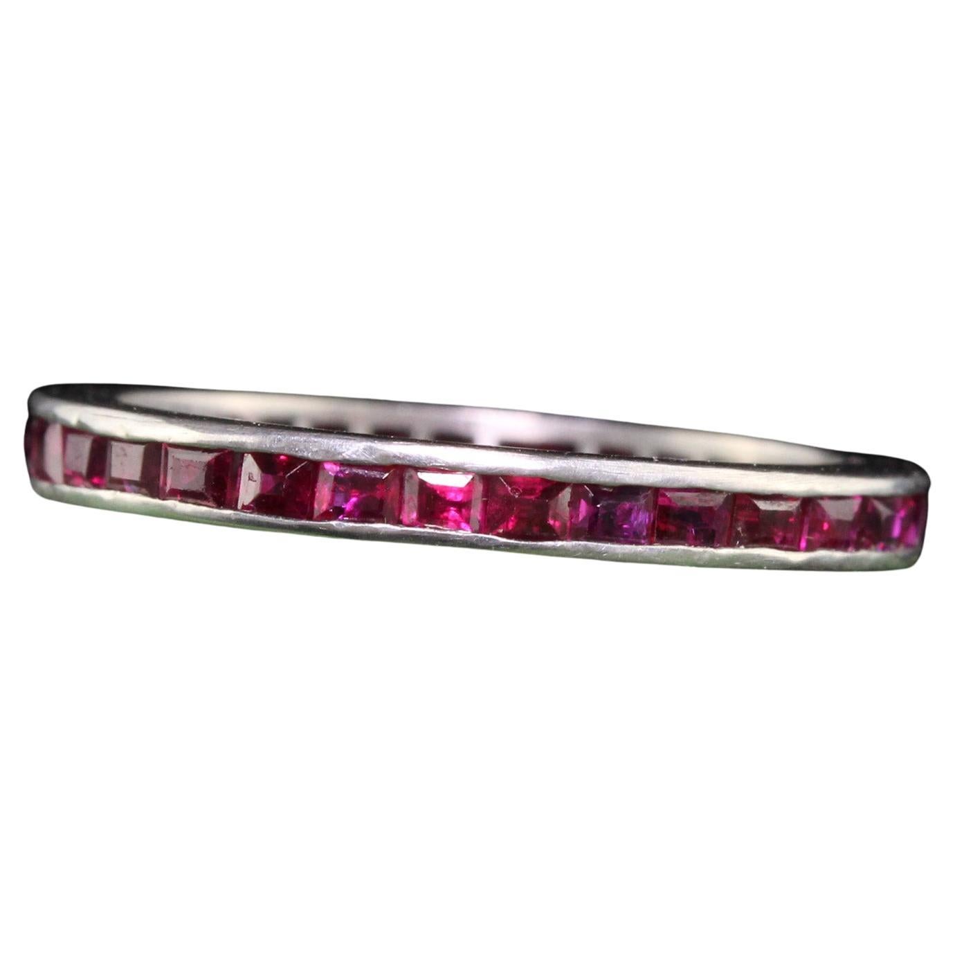 Antique Art Deco Platinum Square Cut Ruby Eternity Band For Sale