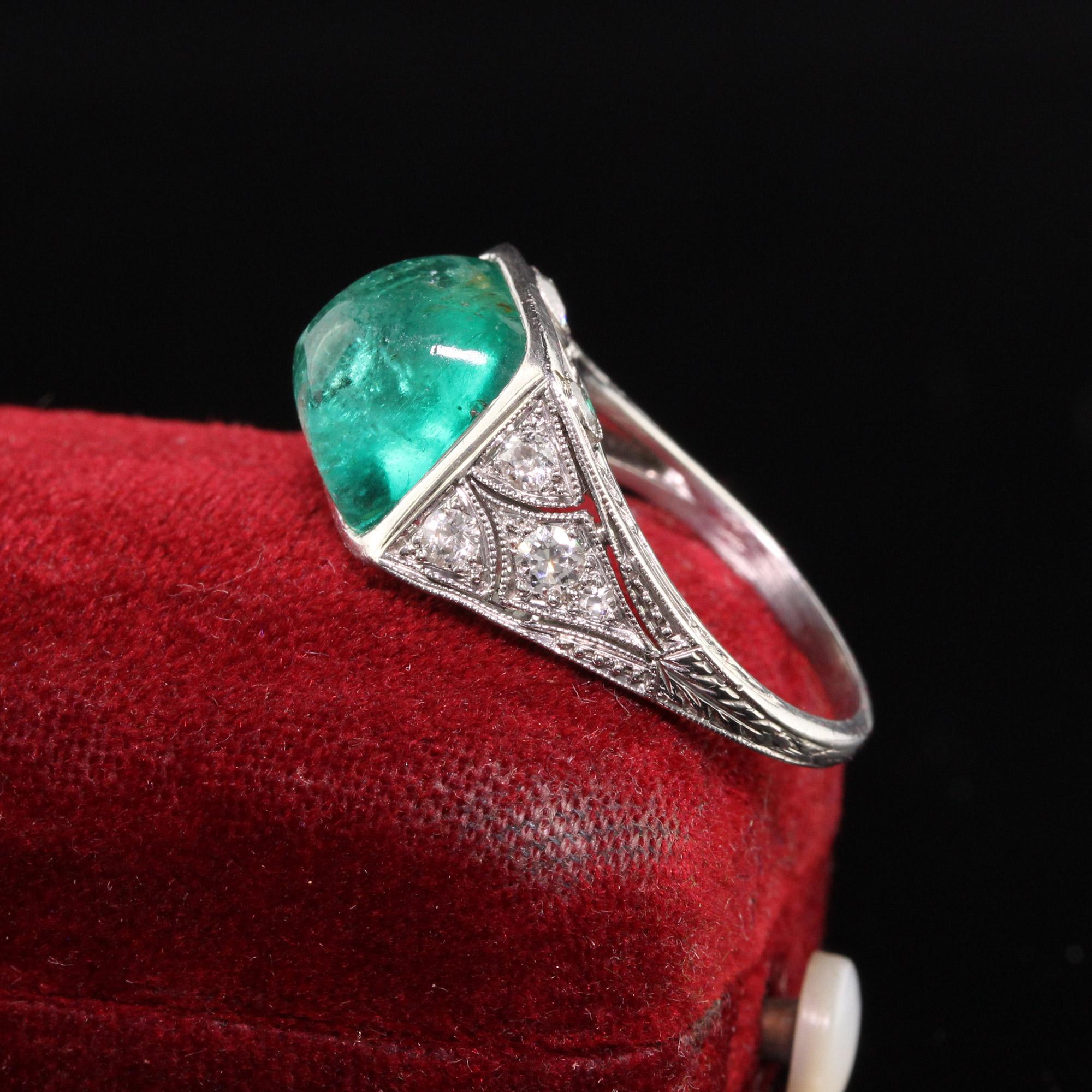Emerald Cut Antique Art Deco Platinum Sugar Loaf Emerald Old Euro Diamond Filigree Ring For Sale