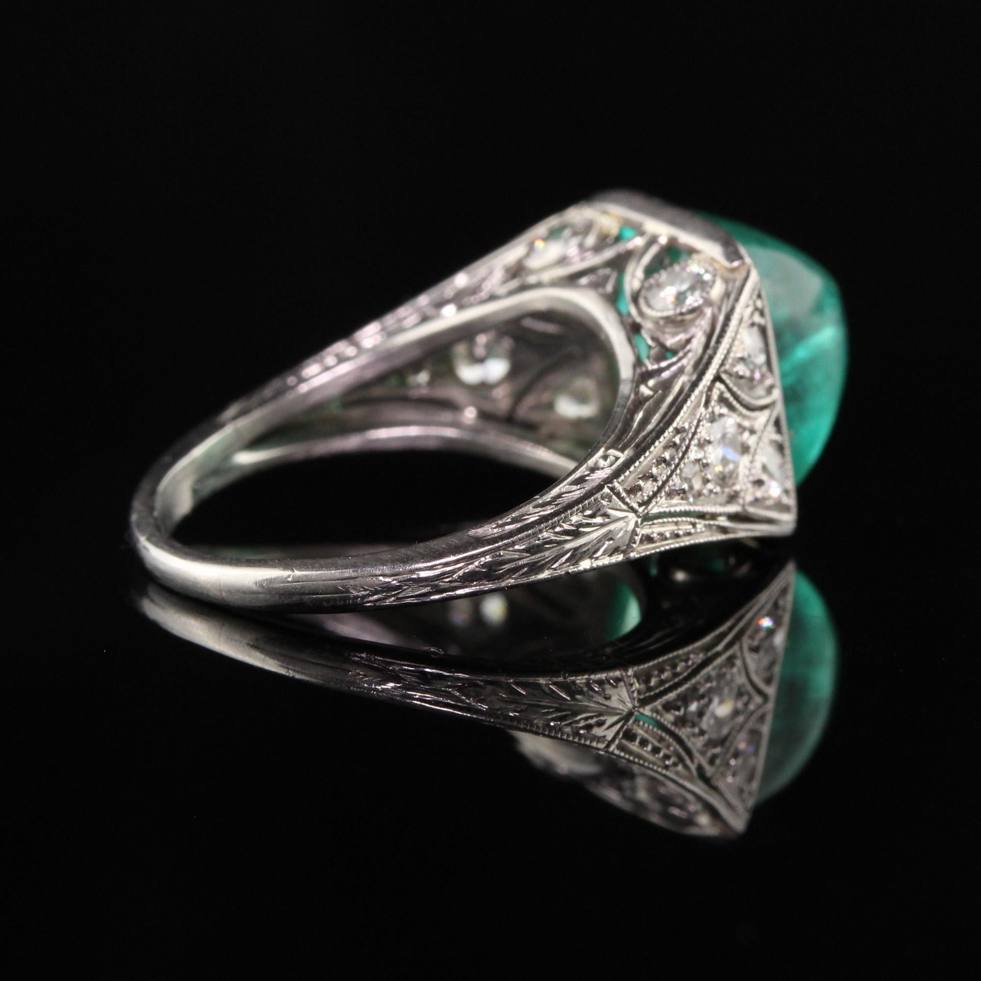Women's Antique Art Deco Platinum Sugar Loaf Emerald Old Euro Diamond Filigree Ring For Sale