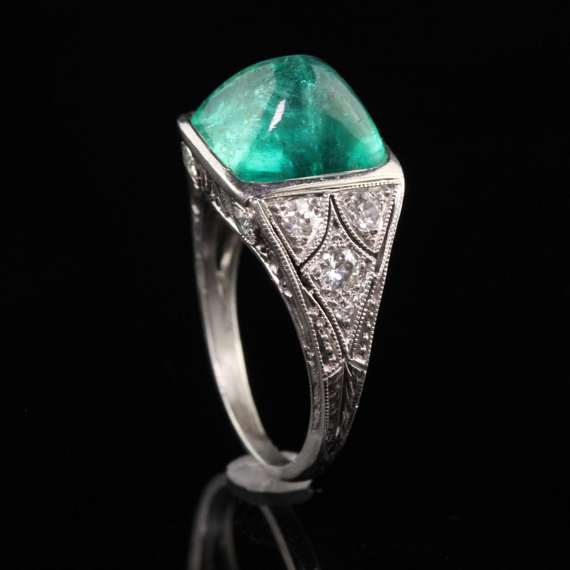 Antique Art Deco Platinum Sugar Loaf Emerald Old Euro Diamond Filigree Ring For Sale 1