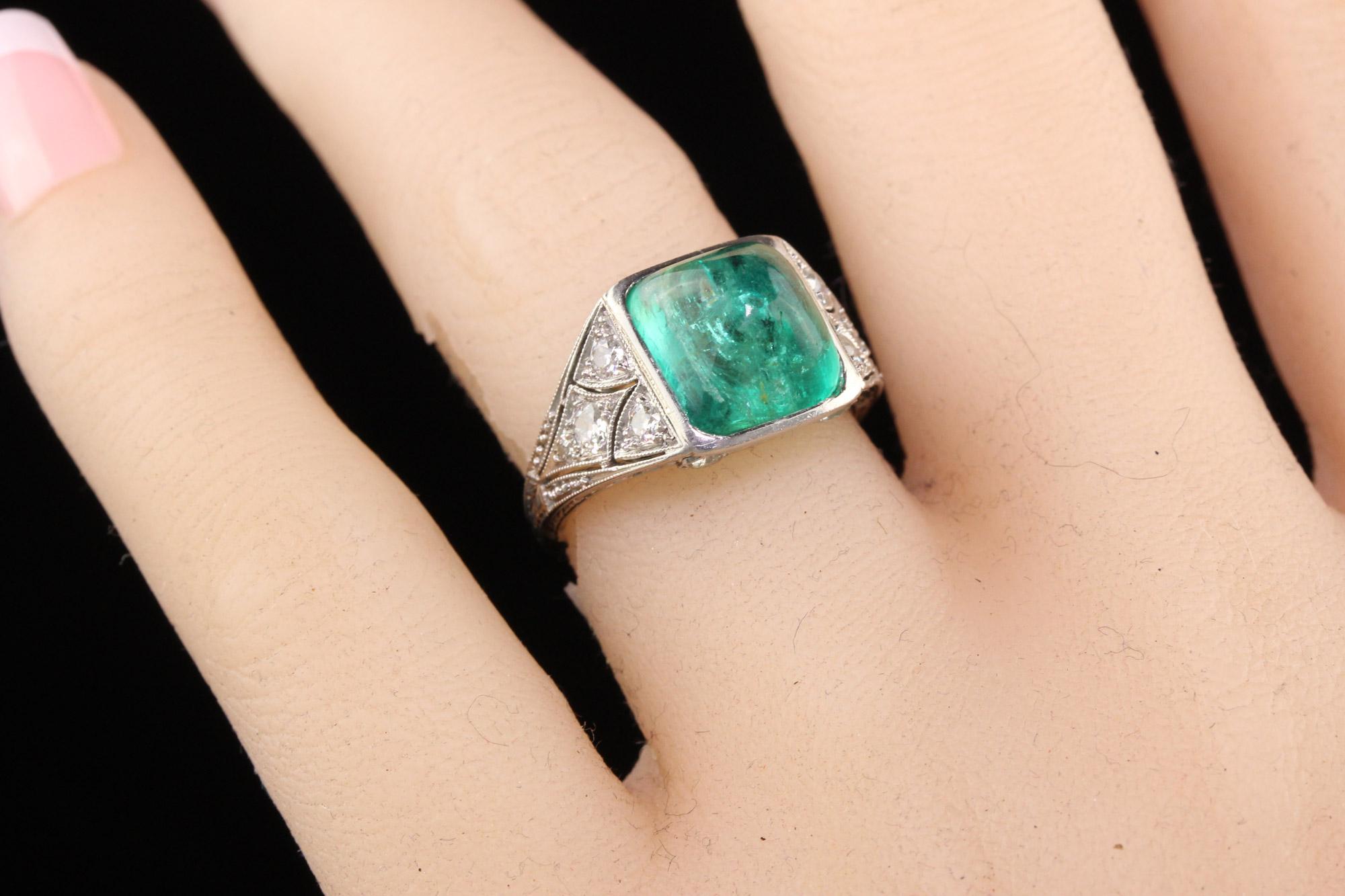 Antique Art Deco Platinum Sugar Loaf Emerald Old Euro Diamond Filigree Ring For Sale 2