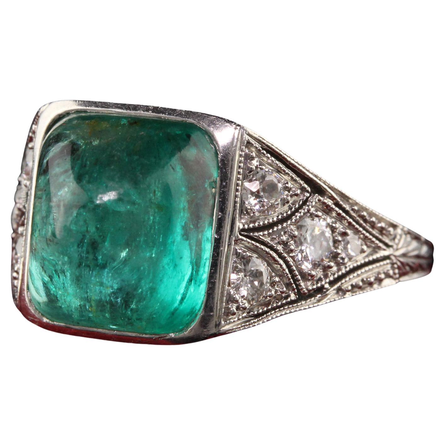 Antique Art Deco Platinum Sugar Loaf Emerald Old Euro Diamond Filigree Ring For Sale