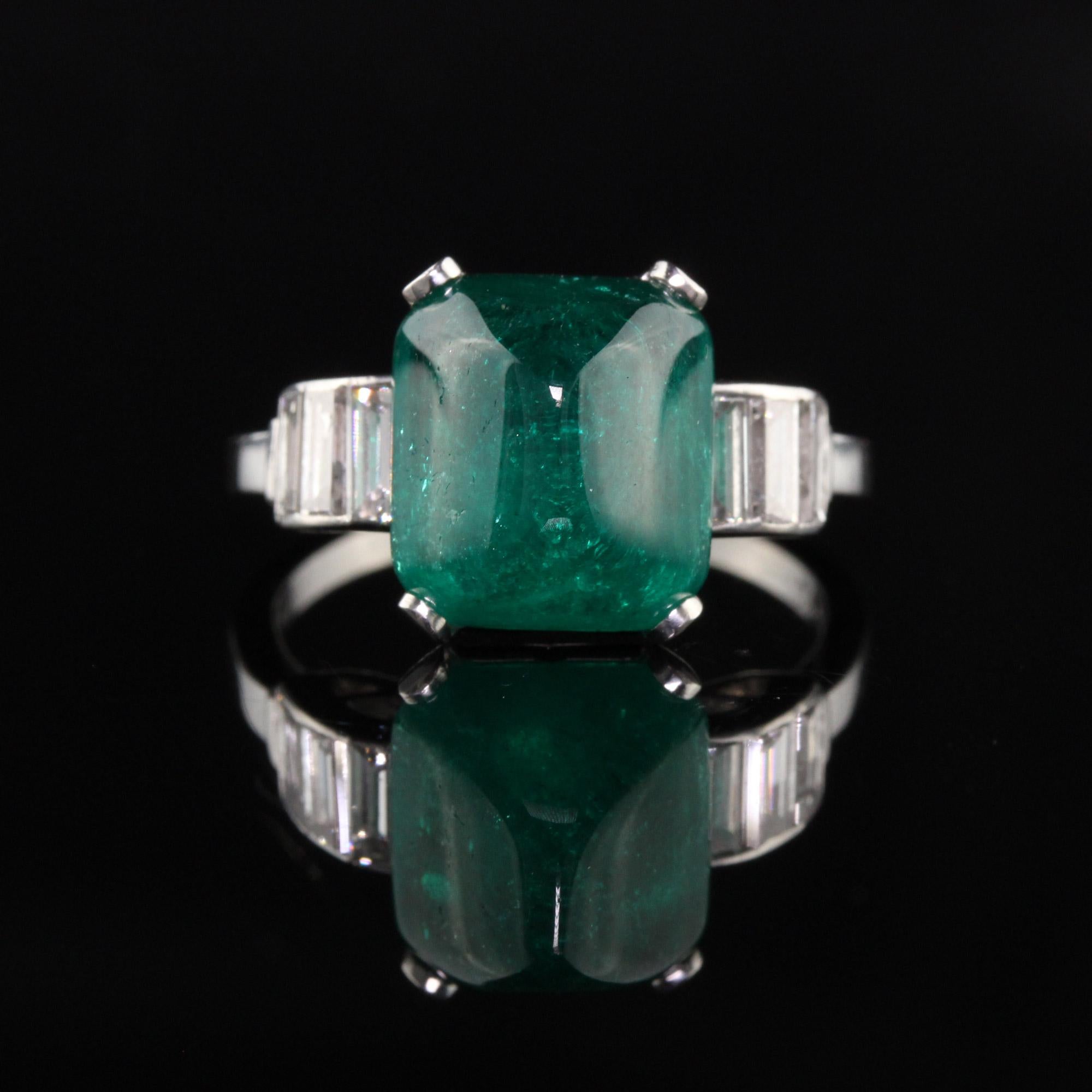 Sugarloaf Cabochon Antique Art Deco Platinum Sugarloaf Emerald and Baguette Diamond Ring, GIA For Sale