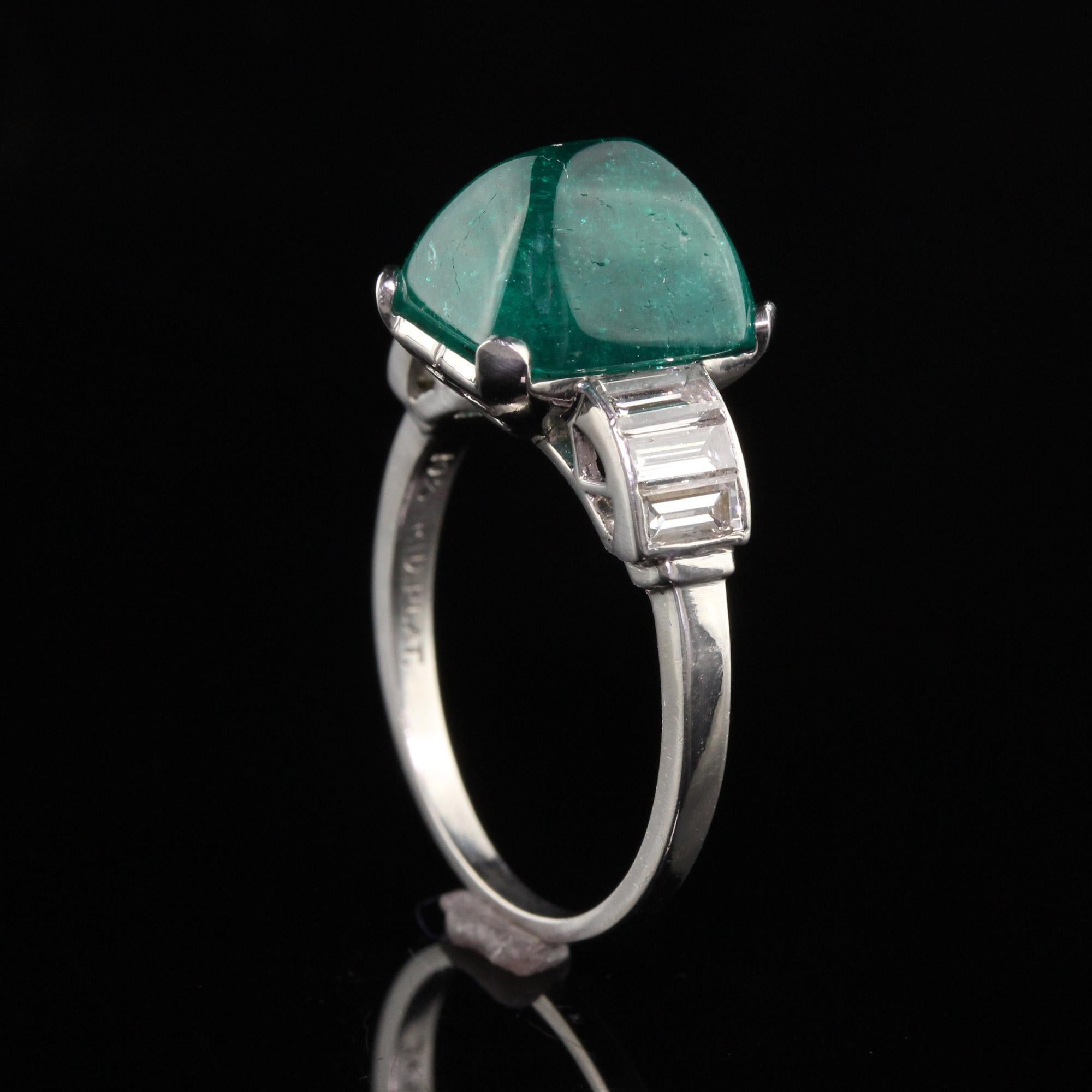 Women's Antique Art Deco Platinum Sugarloaf Emerald and Baguette Diamond Ring, GIA For Sale