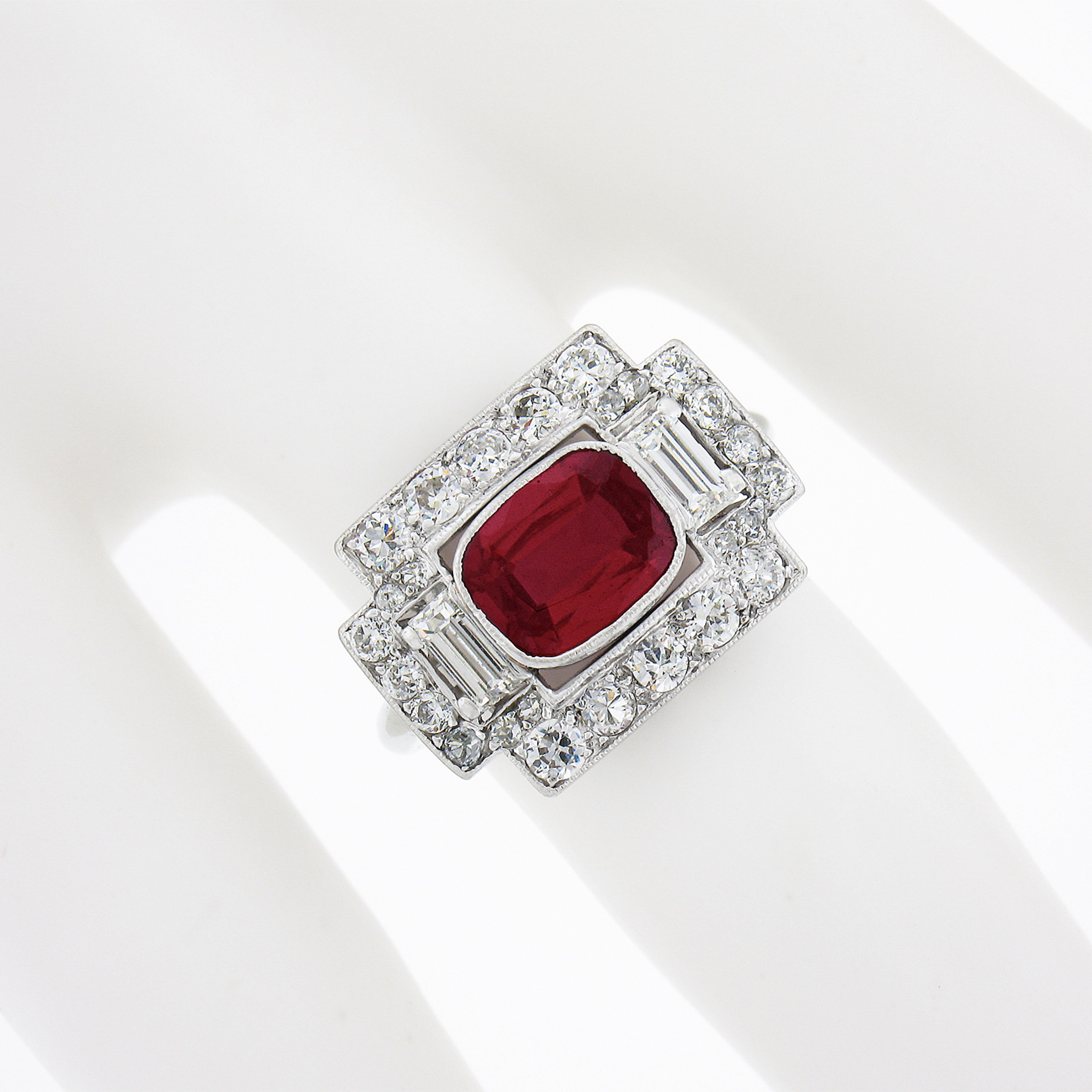 Baguette Cut Antique Art Deco Platinum Synthetic Ruby Baguette & Old Cut Diamond Platter Ring