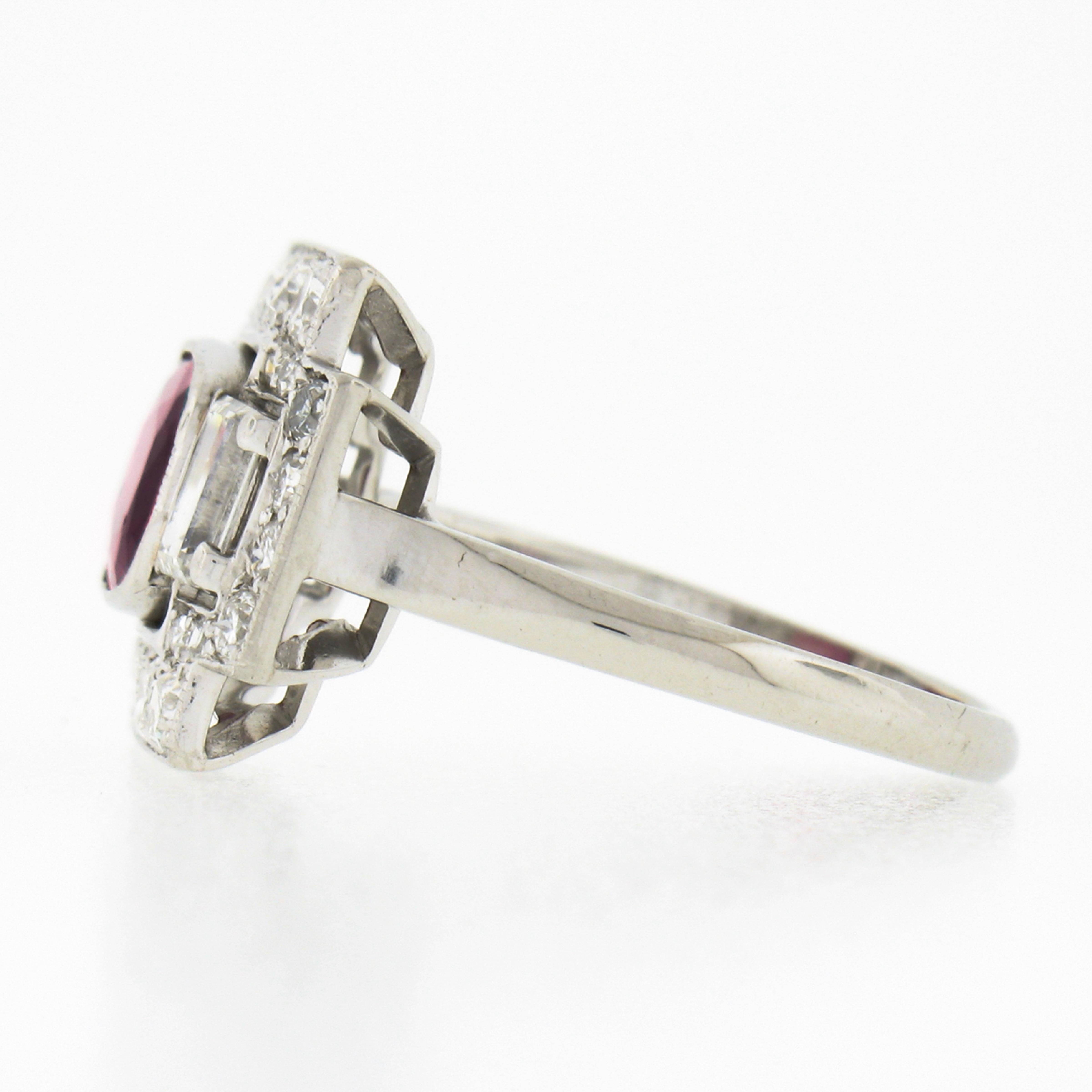 Women's Antique Art Deco Platinum Synthetic Ruby Baguette & Old Cut Diamond Platter Ring