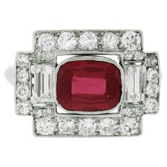 Antique Art Deco Platinum Synthetic Ruby Baguette & Old Cut Diamond Platter Ring