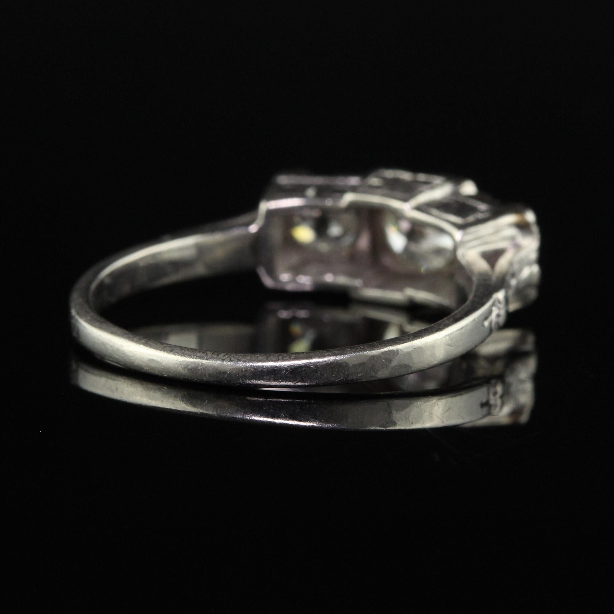 Antique Art Deco Platinum Three Stone Old European Diamond Engraved Ring For Sale 1