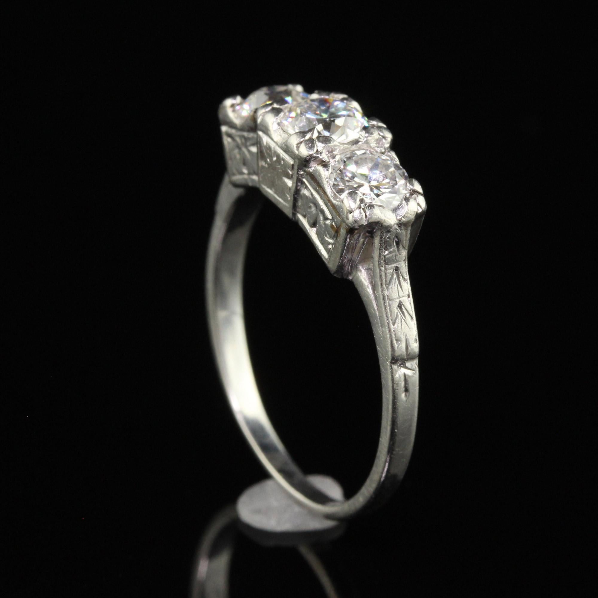 Antique Art Deco Platinum Three Stone Old European Diamond Engraved Ring For Sale 2