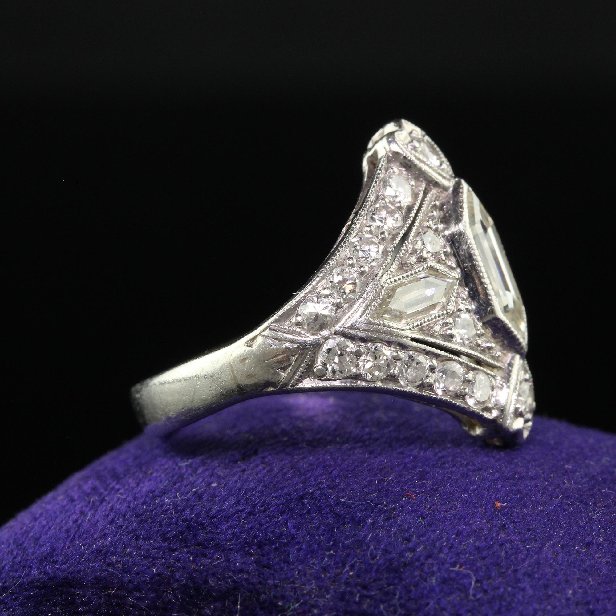 Women's Antique Art Deco Platinum Trapezoid Cut Diamond Cocktail Shield Ring For Sale