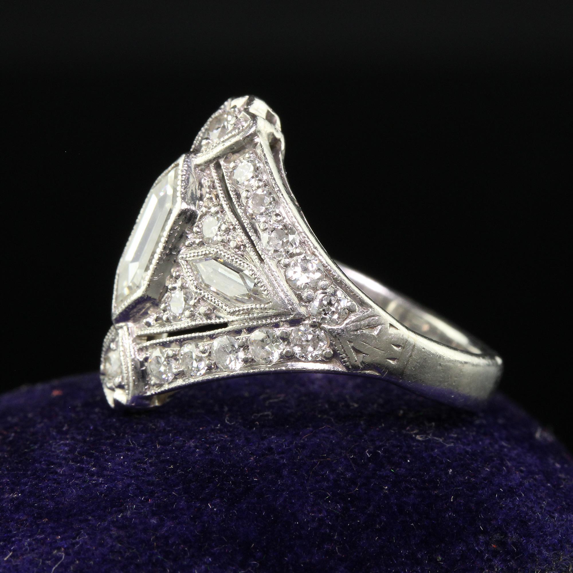Antique Art Deco Platinum Trapezoid Cut Diamond Cocktail Shield Ring For Sale 1