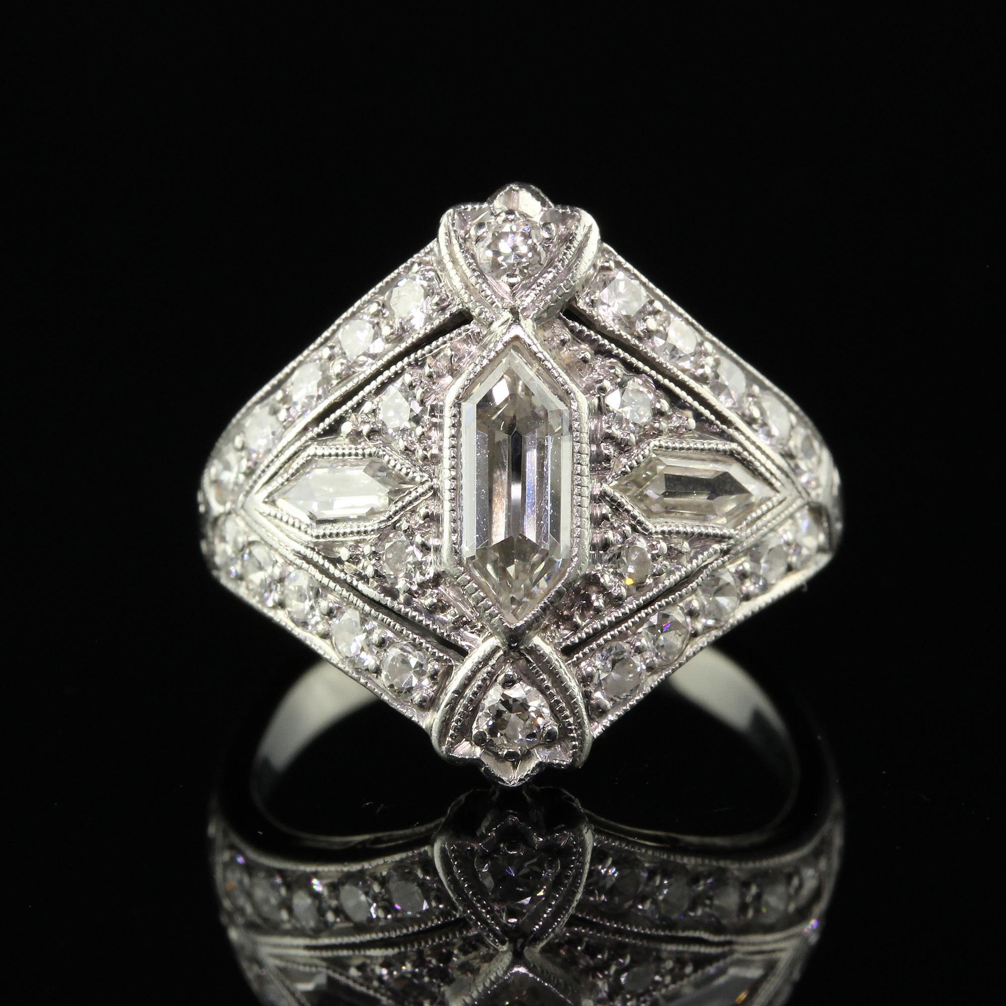 Antique Art Deco Platinum Trapezoid Cut Diamond Cocktail Shield Ring For Sale 2
