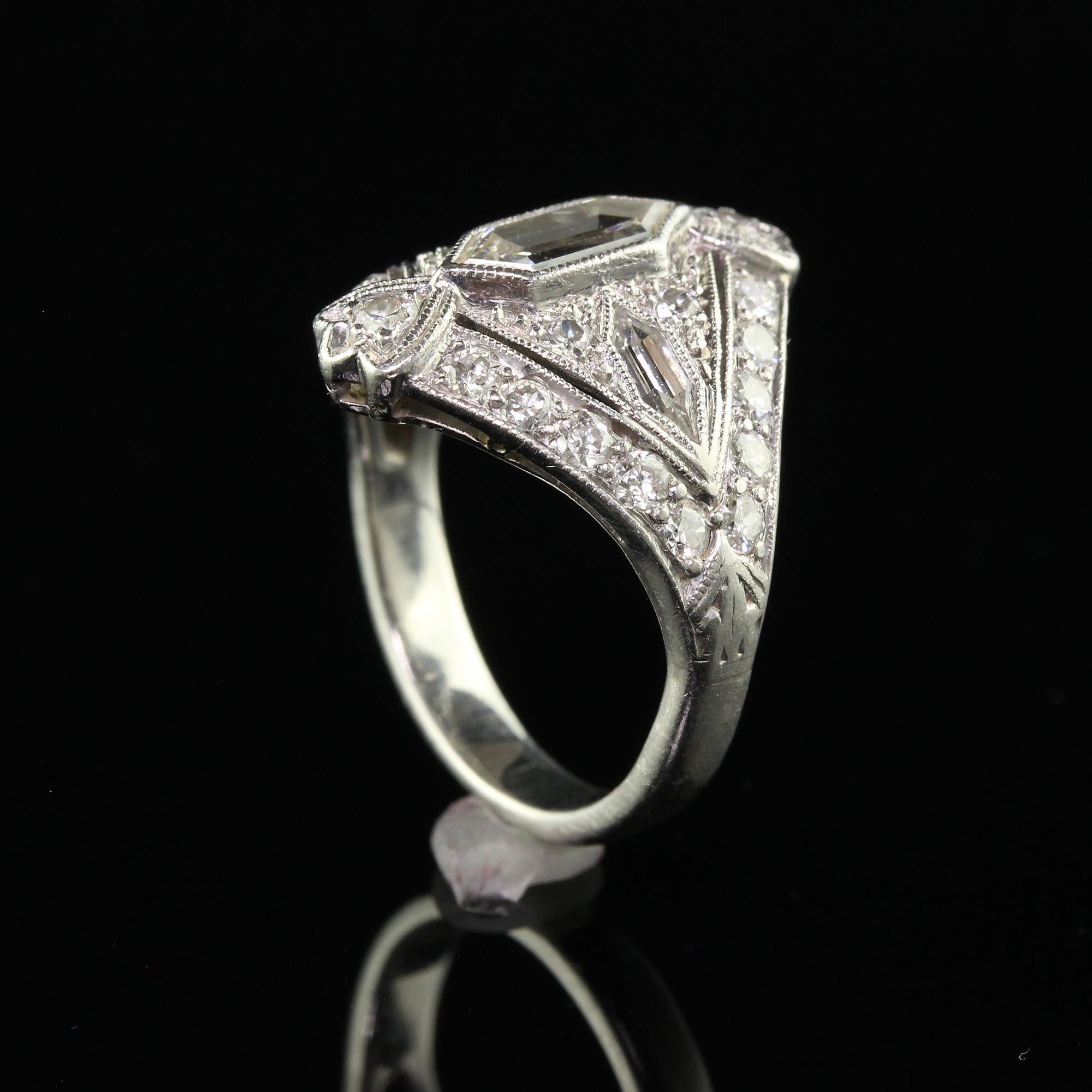 Antique Art Deco Platinum Trapezoid Cut Diamond Cocktail Shield Ring For Sale 4