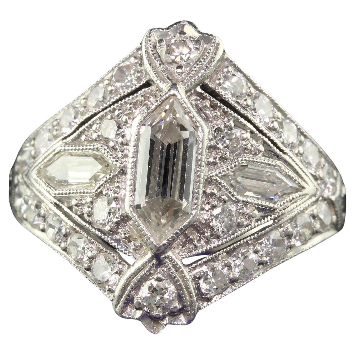 Antique Art Deco Platinum Trapezoid Cut Diamond Cocktail Shield Ring