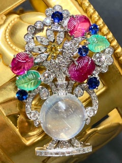 Antique Art Deco Platinum Tutti Frutti Moonstone Diamond Flower Pot Brooch