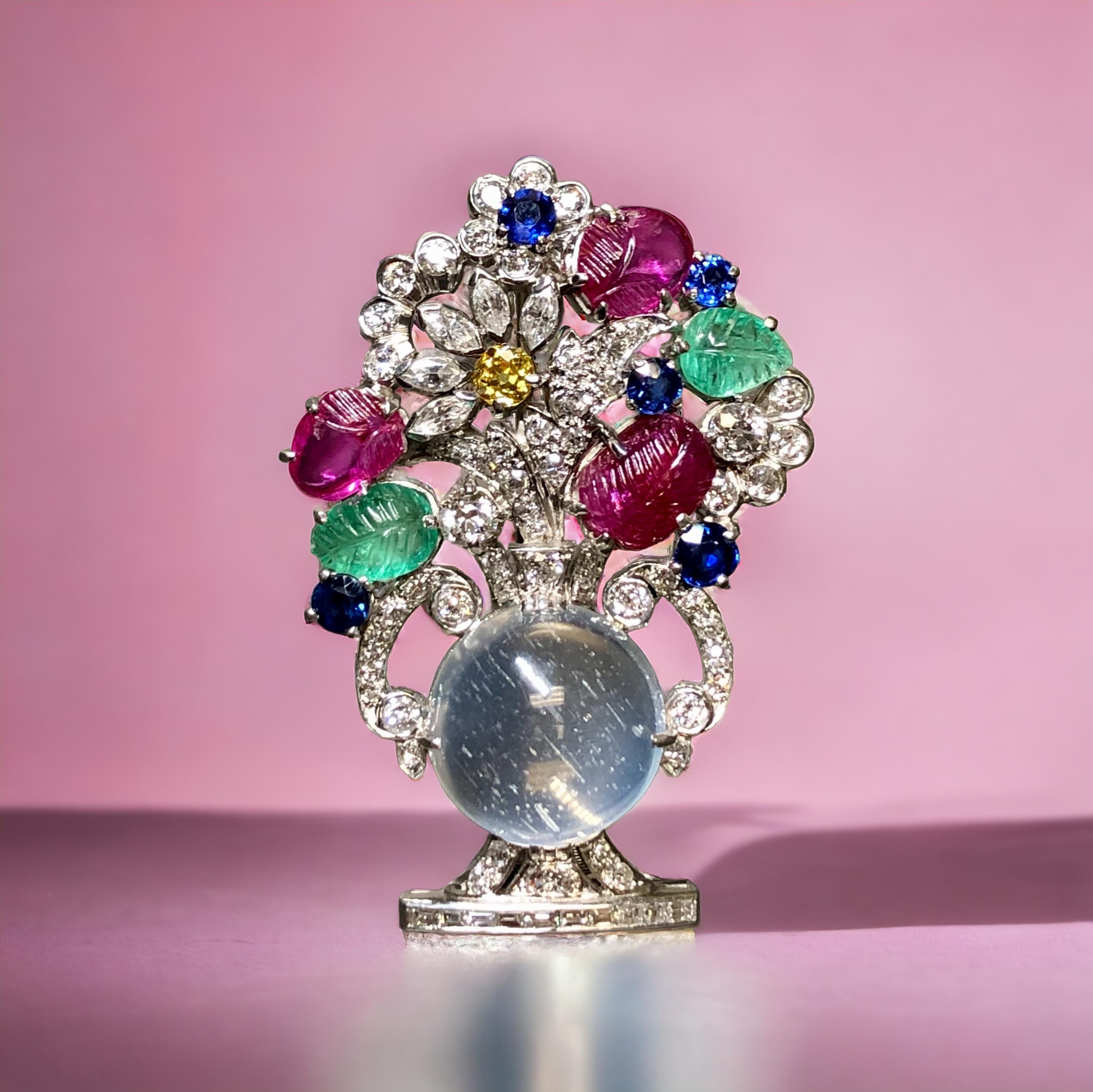 Antique Art Deco Platinum Tutti Frutti Moonstone Diamond Flower Pot Brooch  For Sale 4