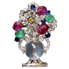 Antique Art Deco Platinum Tutti Frutti Moonstone Diamond Flower Pot Brooch