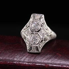 Antique Art Deco Platinum Two Stone Diamond Filigree Shield Ring