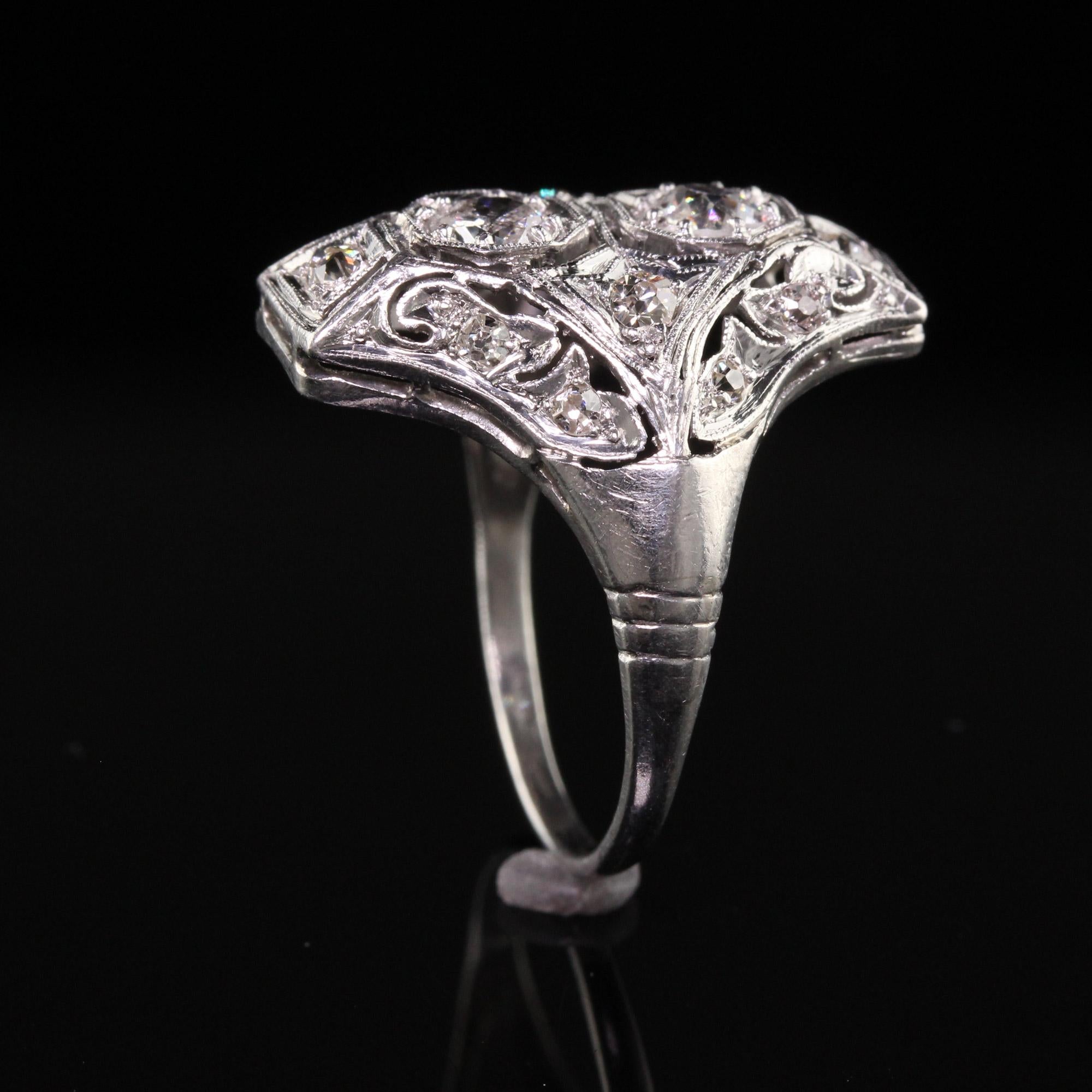 Old European Cut Antique Art Deco Platinum Two Stone Diamond Filigree Shield Ring For Sale