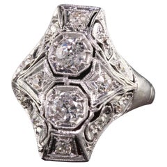 Antique Art Deco Platinum Two Stone Diamond Filigree Shield Ring