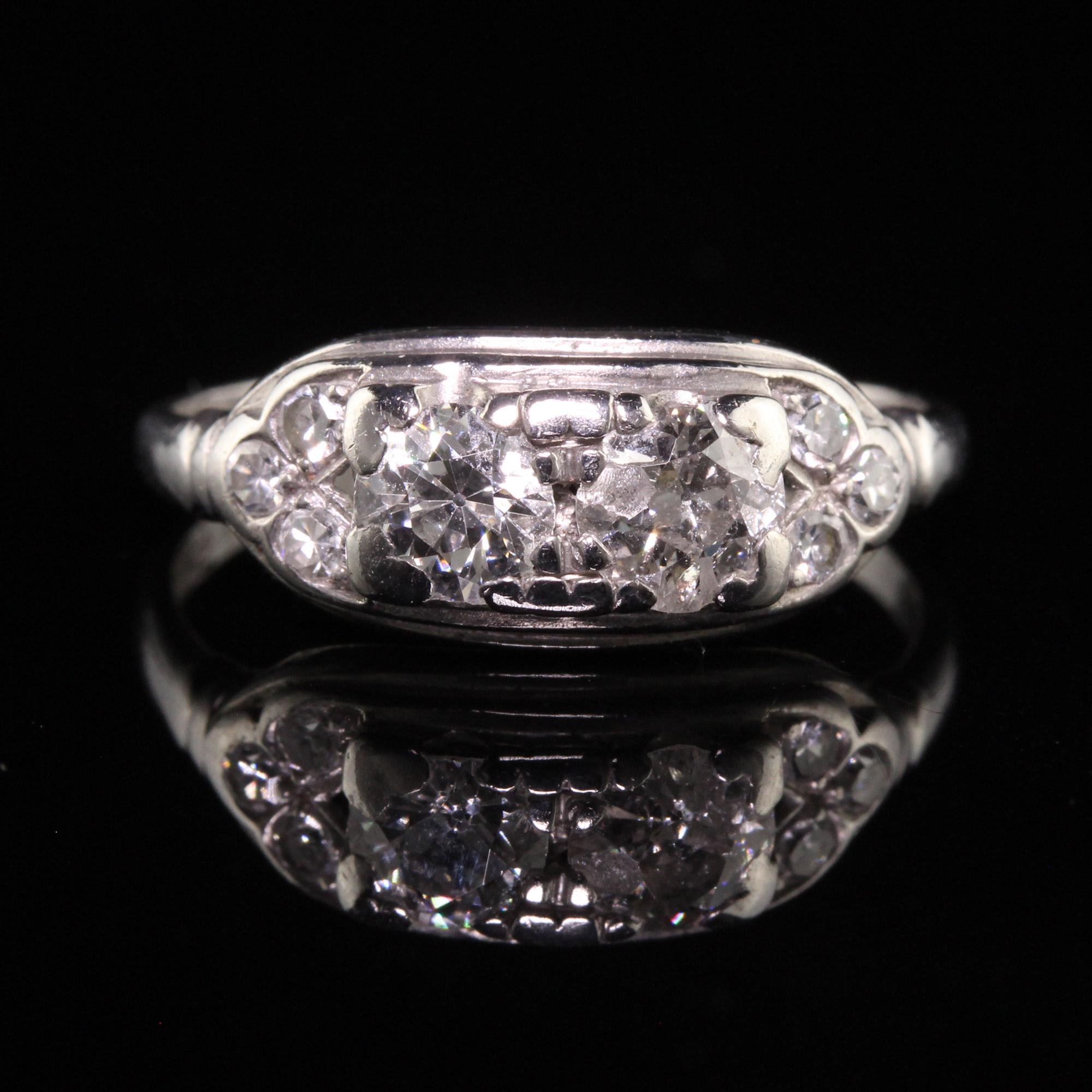 Old Mine Cut Antique Art Deco Platinum Two Stone Old Mine Diamond Ring For Sale
