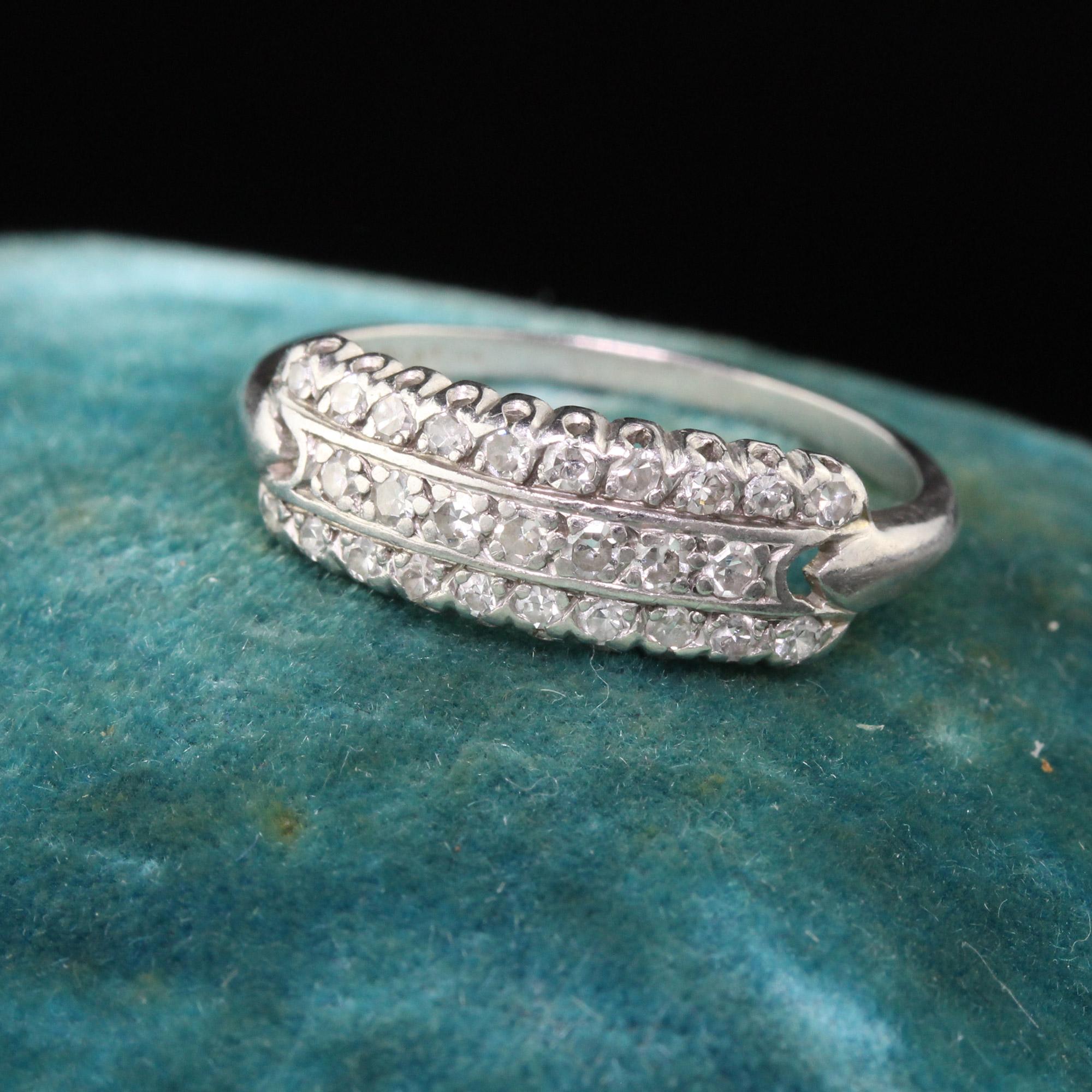 Beautiful Art Deco Platinum wedding band with diamonds.

#R0244

Metal: Platinum

Weight: 2.8 Grams

Total Diamond Weight: Approximately 0.27 CTS 

Ring Size: 6 1/2

This ring can be sized for a $50 fee!

*Please note that we cannot accept returns