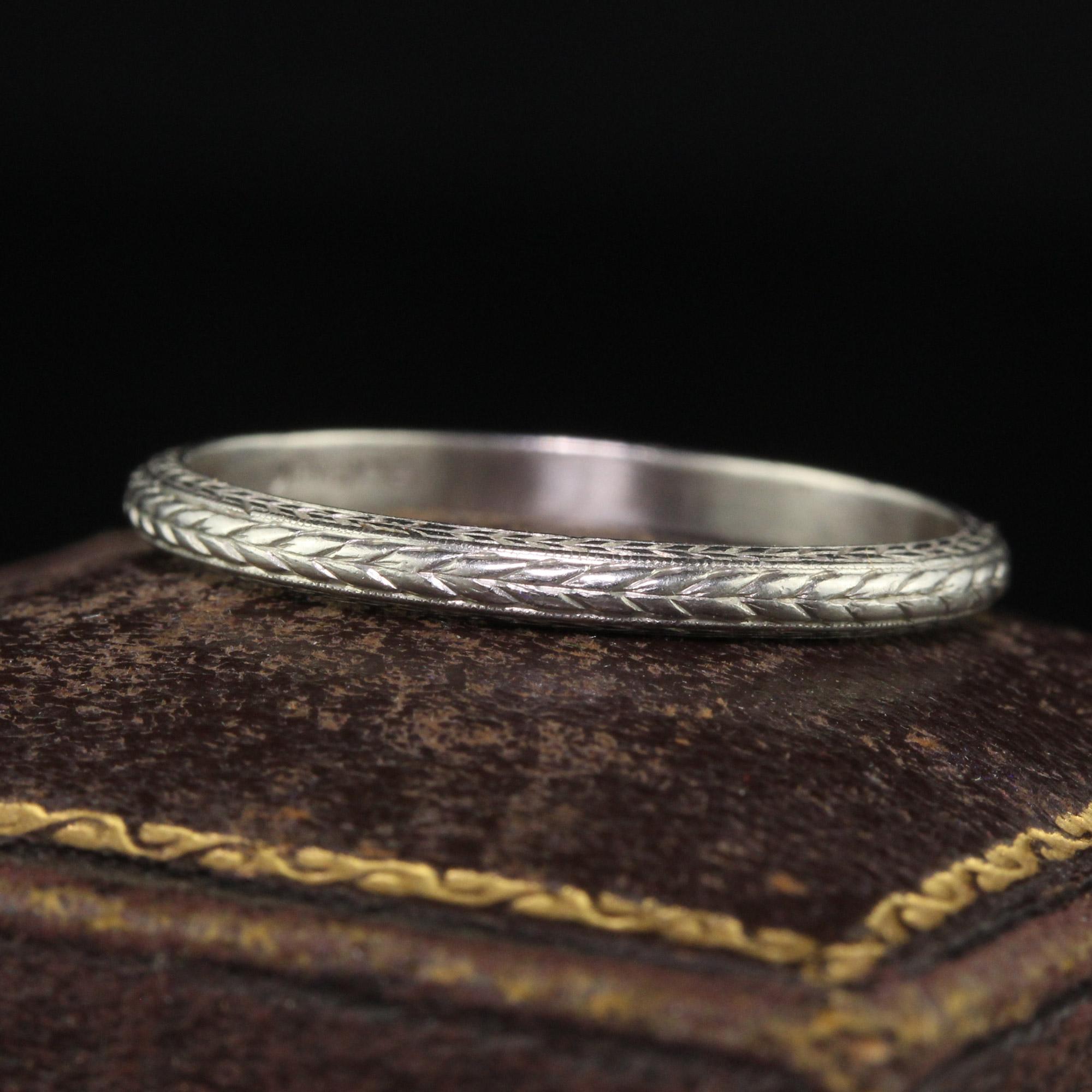 Beautiful Antique Art Deco Platinum Wheat Engraved Wedding Band - Size 8 1/2. This incredible wedding band is crafted in platinum. The ring has crisp engravings going around the entire top and sides of the ring. It appears the ring was barely worn